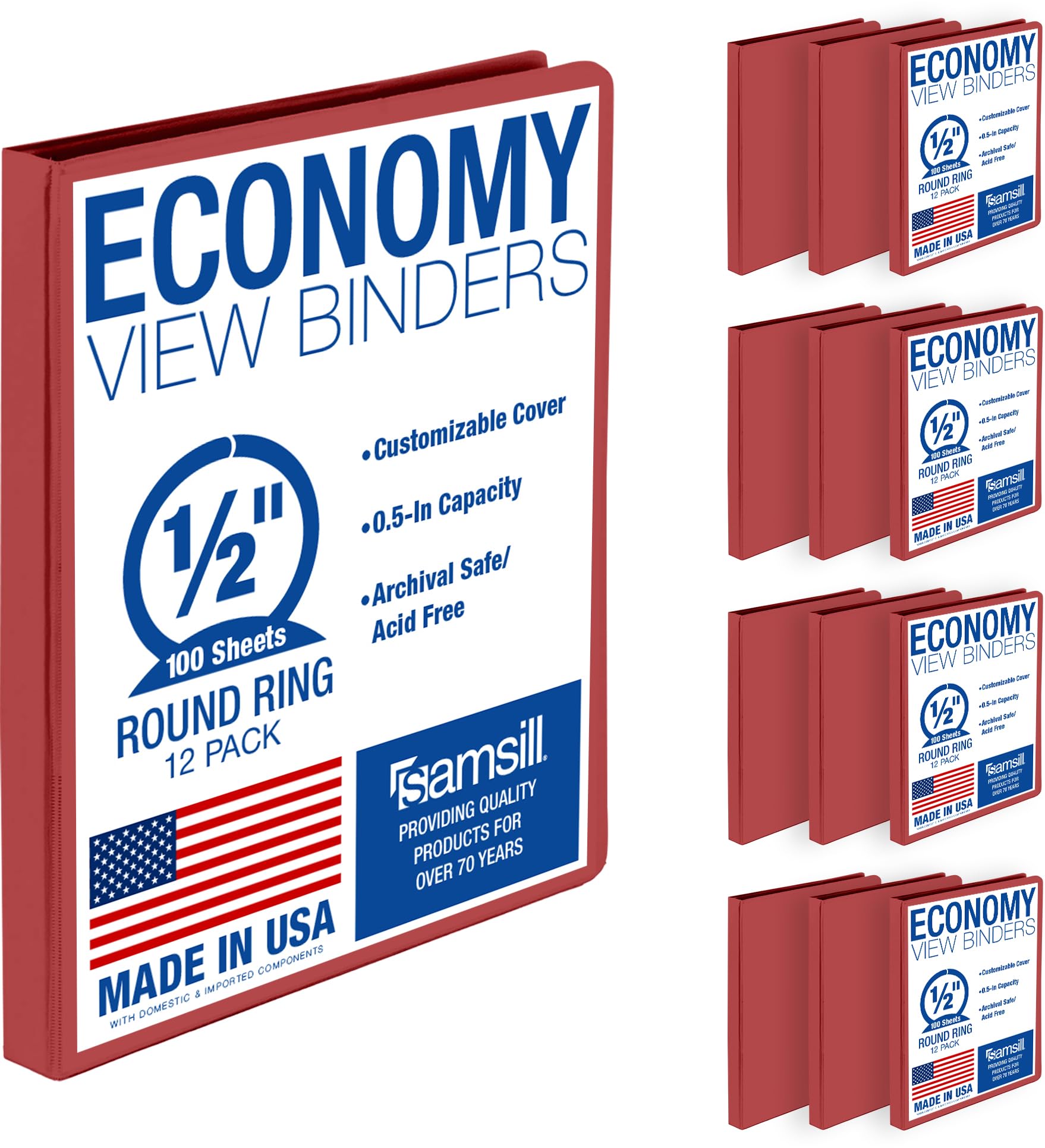 Samsill 0.5 Inch 3 Ring Binders, Economy Round Ring, Clear View Cover, 100 Sheet Capacity - for School, Home, Office - Red, 12 Pack