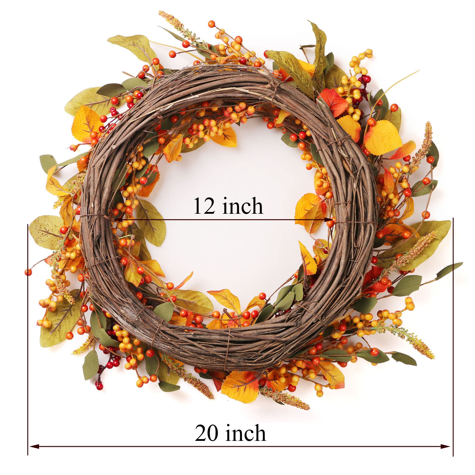 Couronnes d'automne pour porte d'entrée, couronne d'automne de 50,8 cm avec feuille et baies, couronne d'automne de vigne véritable pour décoration de Thanksgiving, guirlande de baies