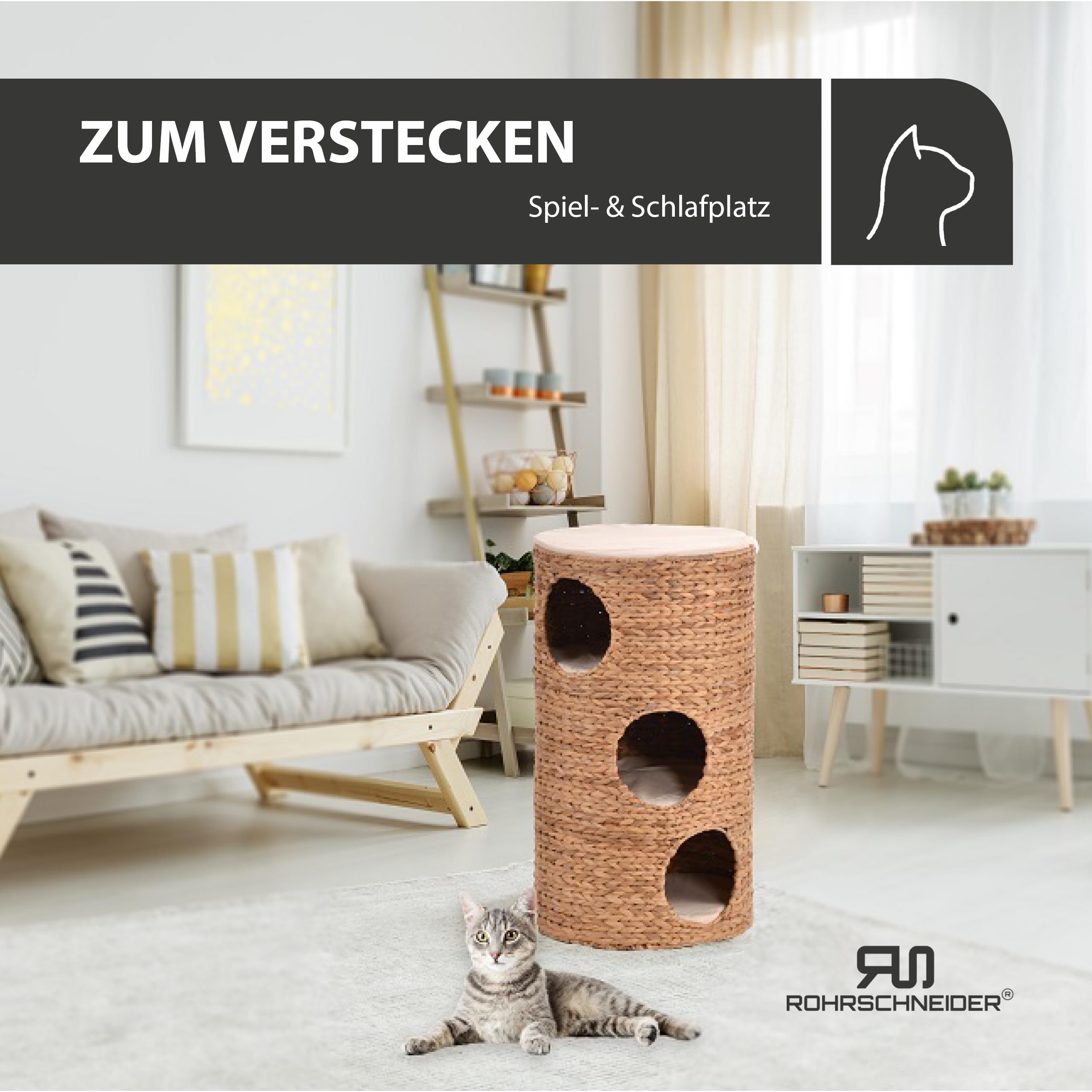 Rohrschneider Katzentonne 3 Etagen | Stabile Kratzbaum & Höhle inkl. Kissen