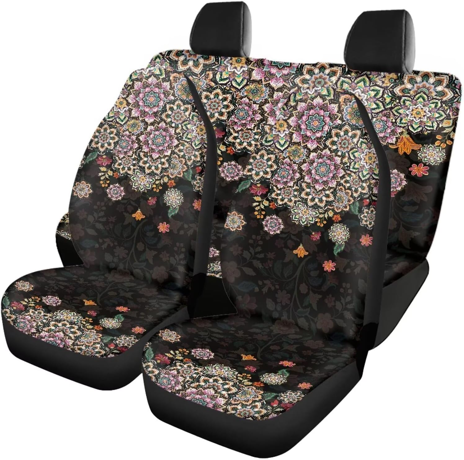 Skull Rose Pattern Seat Cover for Cars, Stain Resistant Automotive Front and Back Seat Protection Set of 4, Elastic Car Accessories Decoration for SUV Van Truck