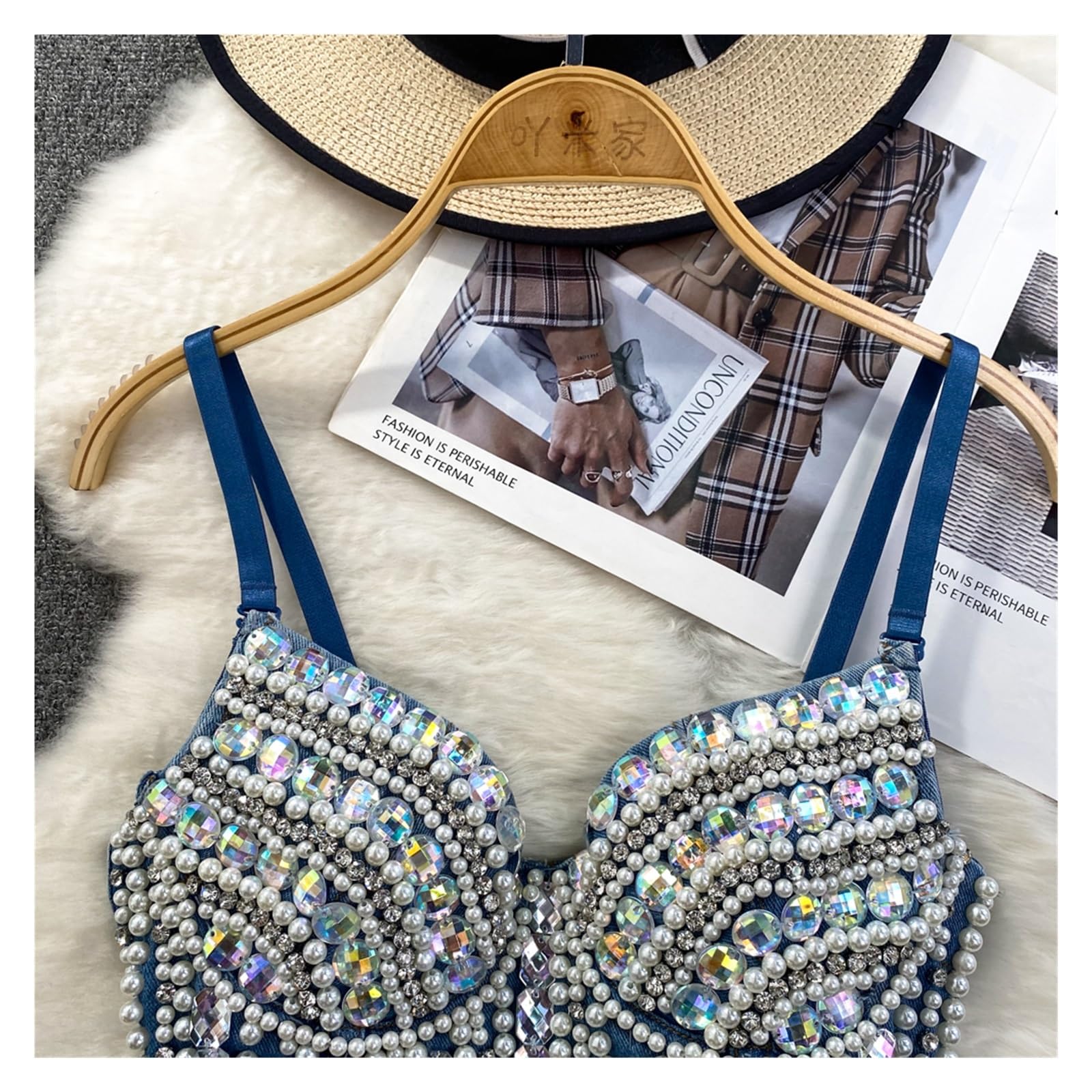 Top Brillantinato Donna Donna Estate Denim Canotta Corsetto Top Costruito in Reggiseno Cristallo Diamanti Perla Jeans di Lusso High Street Club Festa