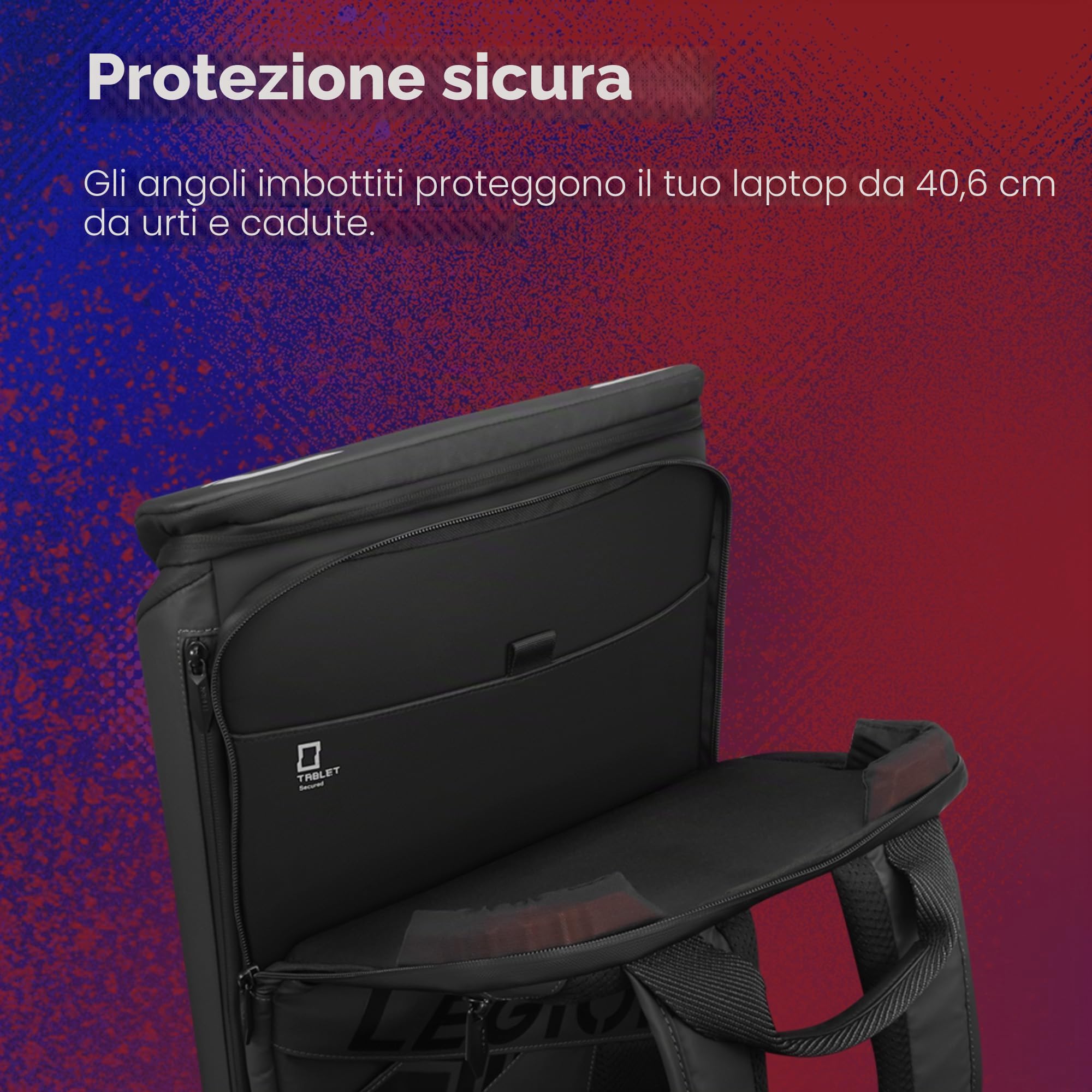 Lenovo Zaino Legion GB900 (fino a 16", progettato per gaming, schermato, PU, impermeabile, angoli antiurto EUDE-Foam, scomparto per tablet, capacità 20 litri) colore nero