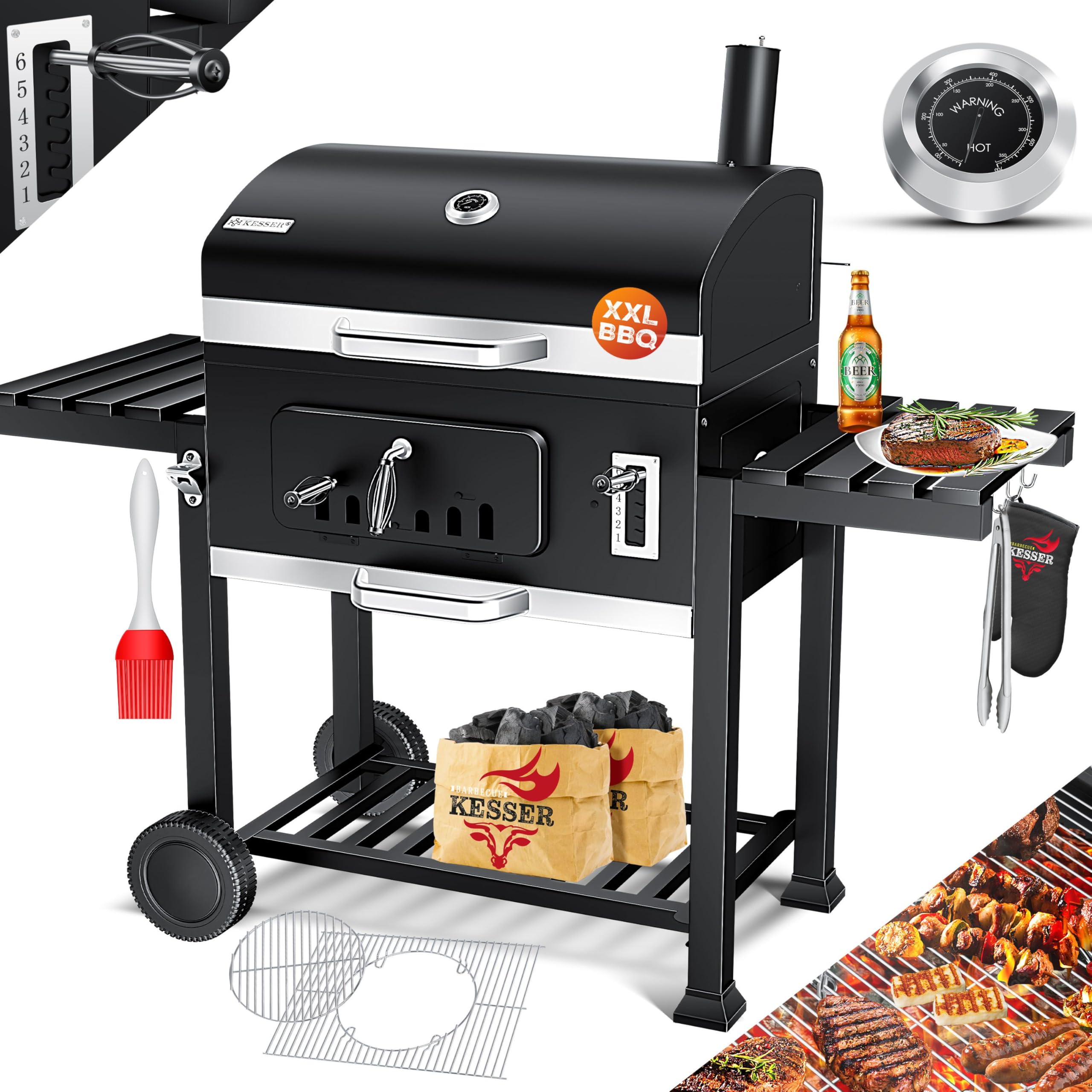 KESSER® Holzkohlegrill XXL Grillwagen mit Deckel & Thermometer – großer BBQ Kohlegrill Wagen, Smoker Grill mit Kamin & Lüftung, mit Grillrost, Warmhalterost, Rädern, Ablage & Aschebehälter
