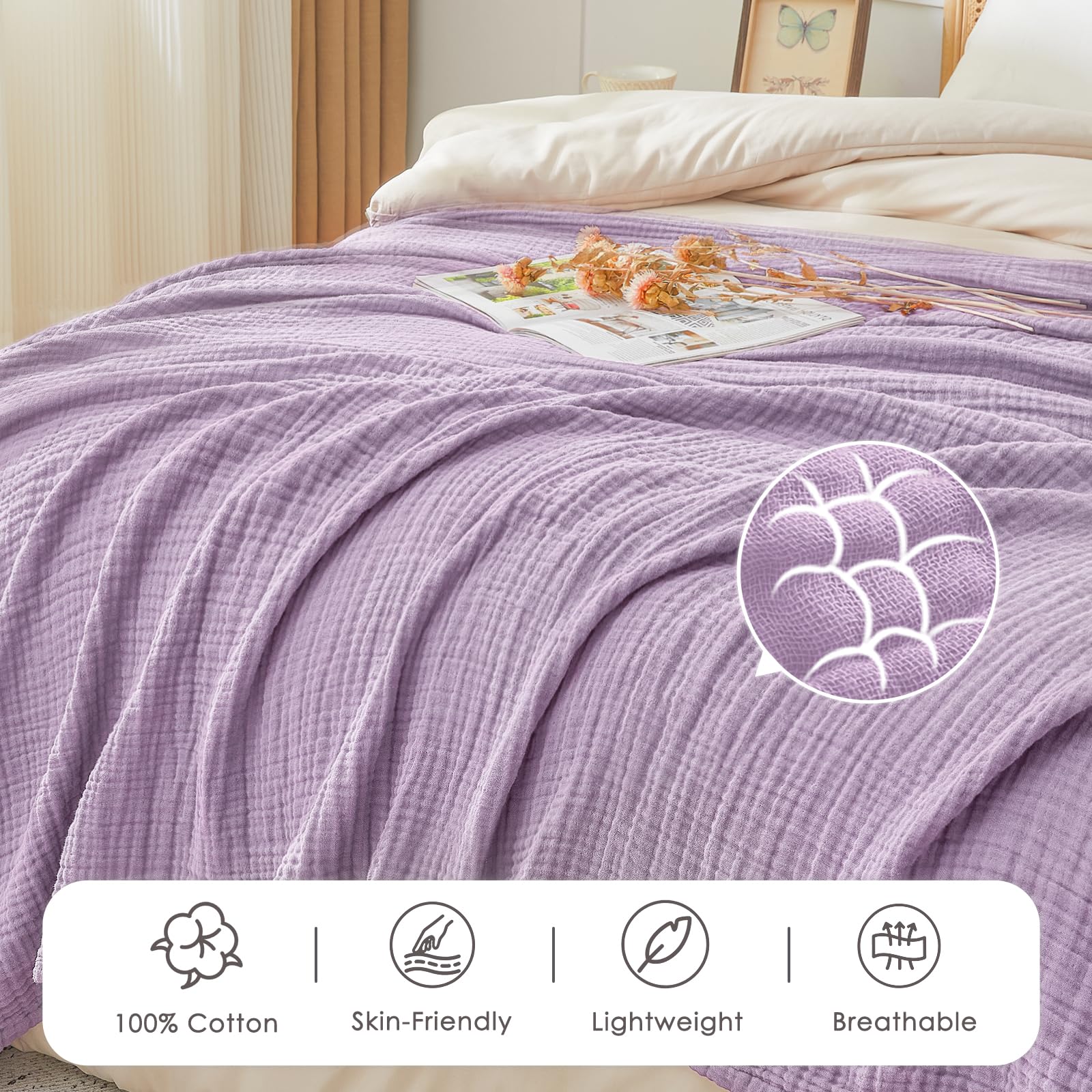EMME Musselin Decke Baumwolle Oeko-TEX Kuscheldecke Melange Lavendel 230x270 – Ansicht 4