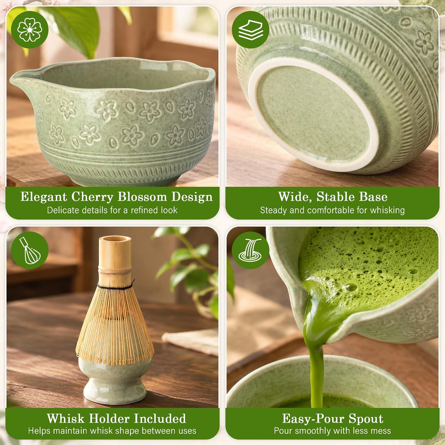 ALBISS Matcha Whisk Set, 7Pcs Ceramic Matcha Kit with Cherry Blossom Design