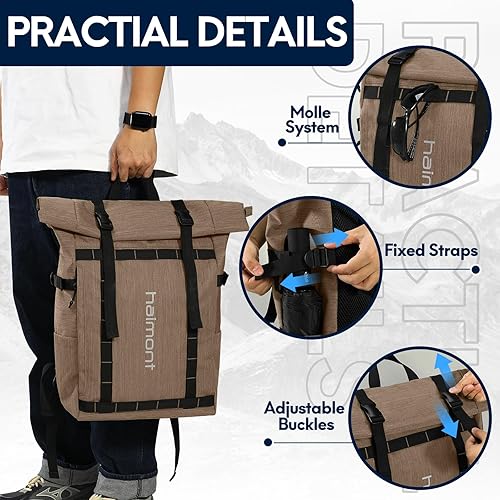 Miniatura 5 de Haimont Mochila enrollable para hombres y mujeres, resistente al agua, mochila de viaje casual con compartimento para laptop, 20L, Caqui, Mochilas