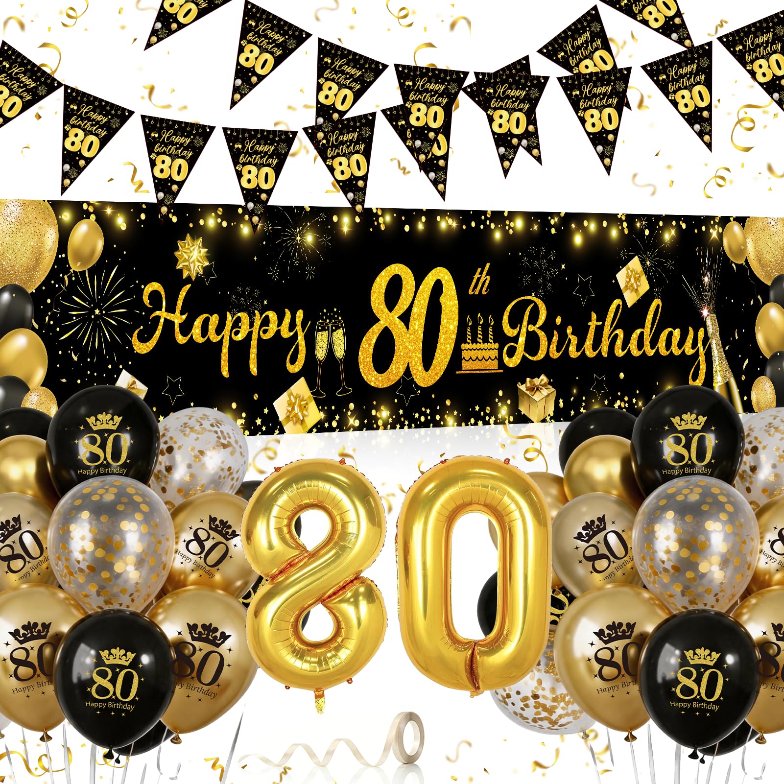 Geburtstag Luftballons Schwarz Gold, Dreiecksflagge,Banner