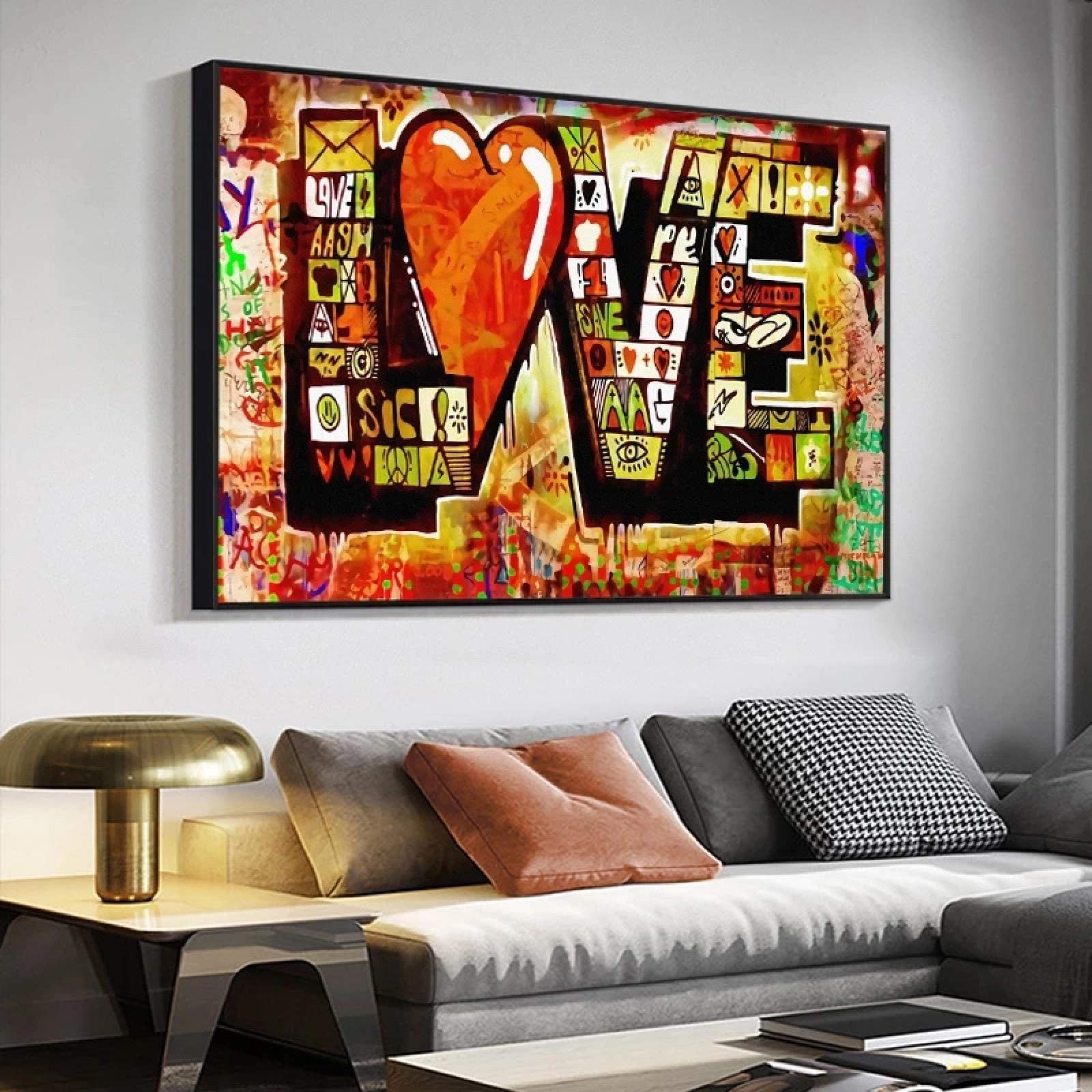 Yooyu Arte callejero Graffiti Red LOVE Pintura en lienzo Carteles abstractos modernos e impresión Imagen de arte de pared para la decoración de la sala de estar 75x135cm (30x53in) Marco negro