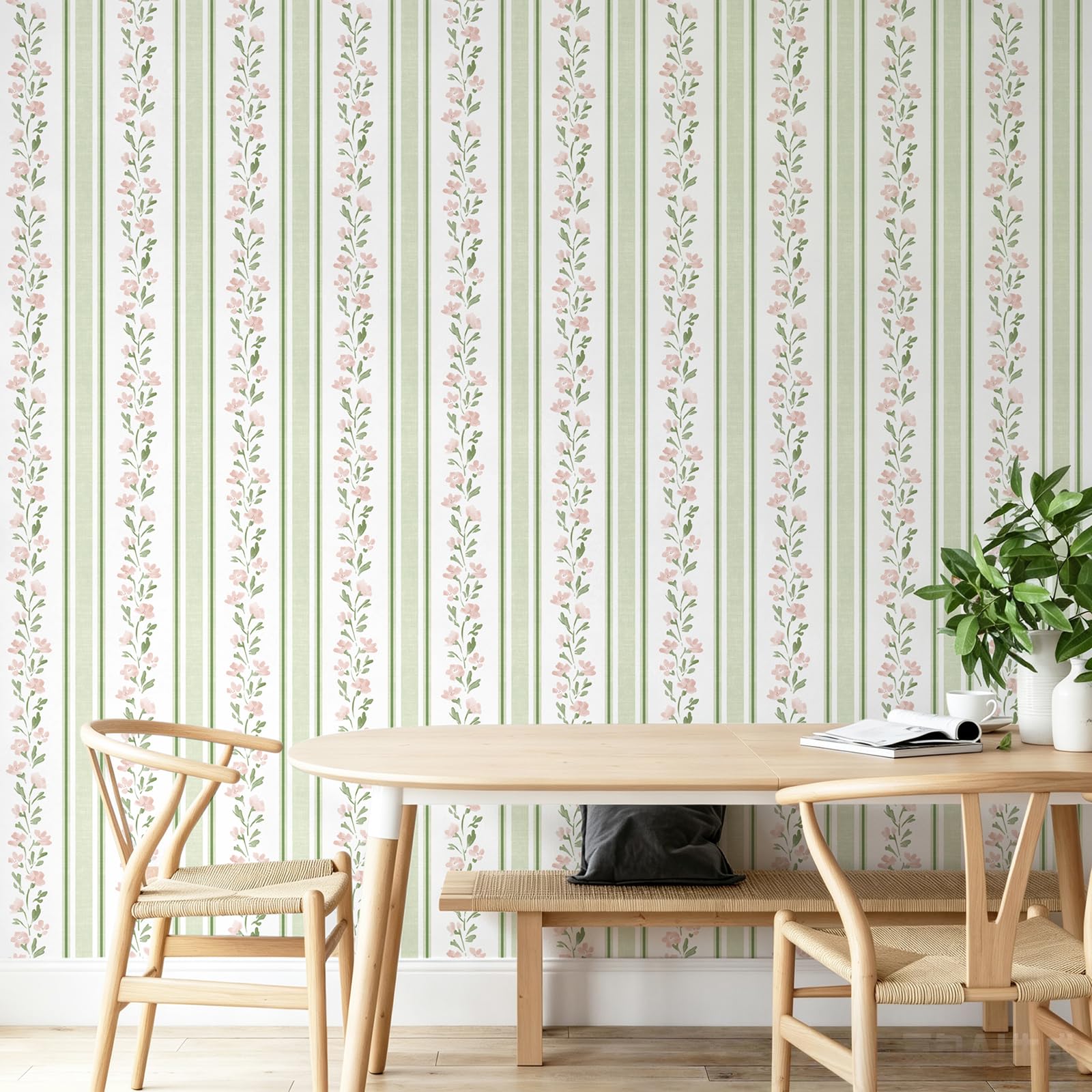 Samoprzylepna folia do mebli, tapeta kwiatowa, 44 x 1000 cm, zielona w paski, tapeta samoprzylepna w stylu boho, do mebli, kuchni, pralni, samoprzylepna, wzmocniona, ulepszona jakość