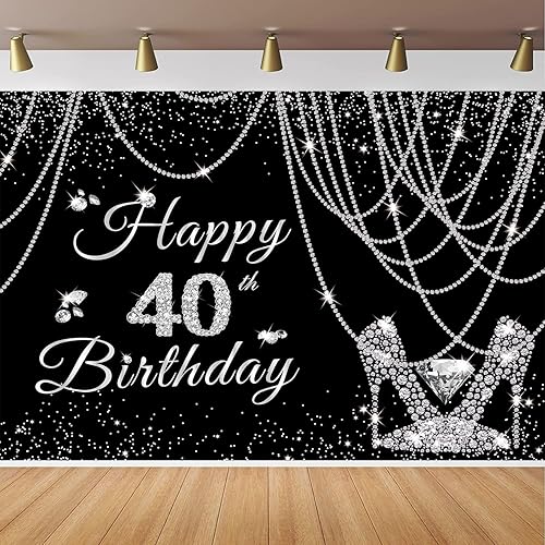 Miniatura 5 de DIZHI Cartel de feliz cumpleaños número 40 negro y plateado para mujer, cortina de perlas plateadas con brillantina, tacones altos, decoración de