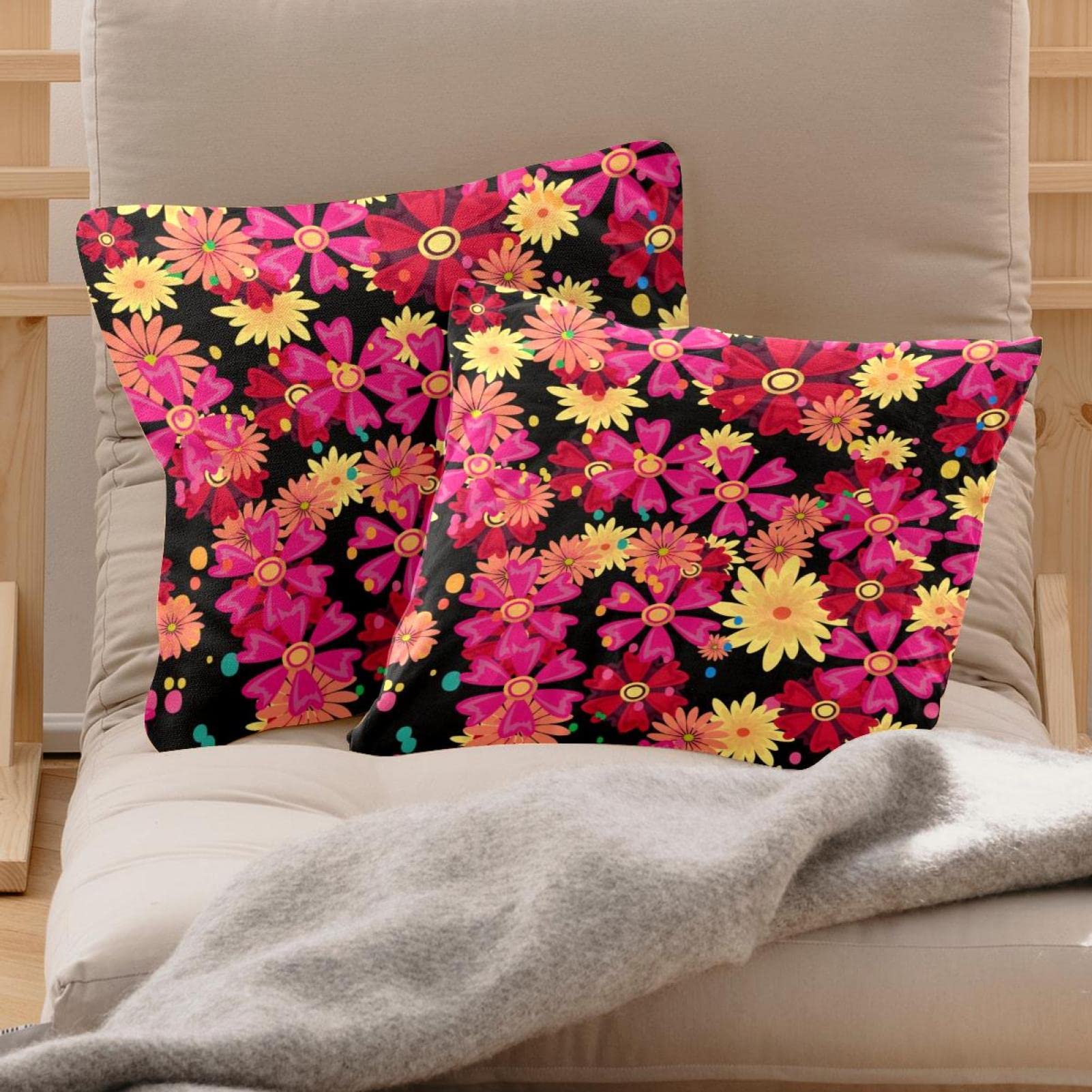 Set Di 2 Federe Per Cuscini 50x50 Cm Con Motivo Floreale Geranio Rosso – Tessuto Lino E Cotone – Scritta Home Sweet Home – Arredamento Rustico Per Divano E Casa
