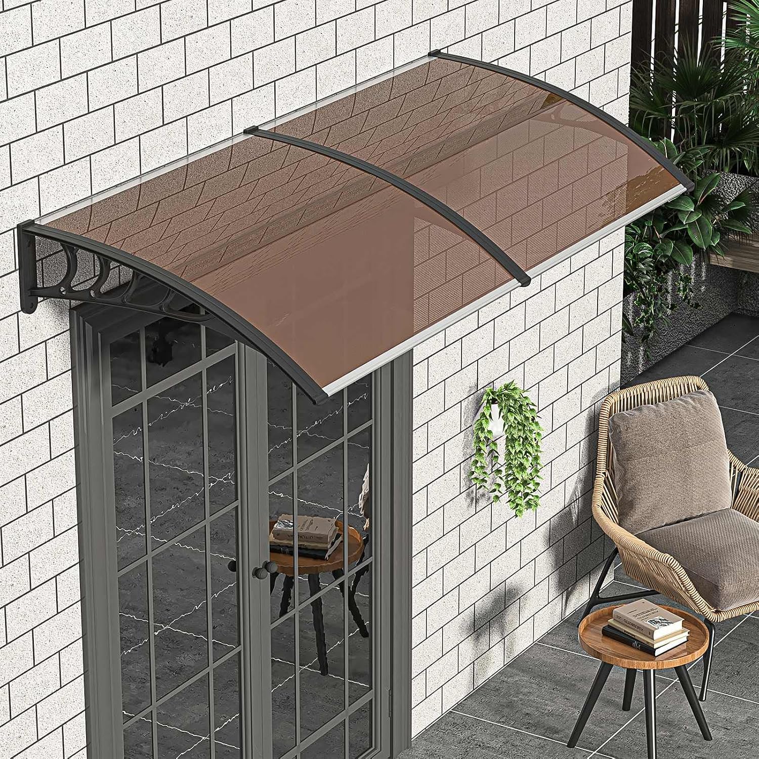 Simply-Me 40" x 80" Door Window Awning Polycarbonate Cover Front Door Outdoor Patio Awning Canopy UV Rain Snow Protection Hollow Sheet (Brown & Black Bracket)