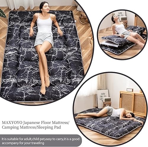 Miniatura 157 de MAXYOYO El mármol negro imprimió el futón japonés, la almohadilla de dormir espesa enrolla el colchón que acampa Mármol negro,Flor 1,floral azul