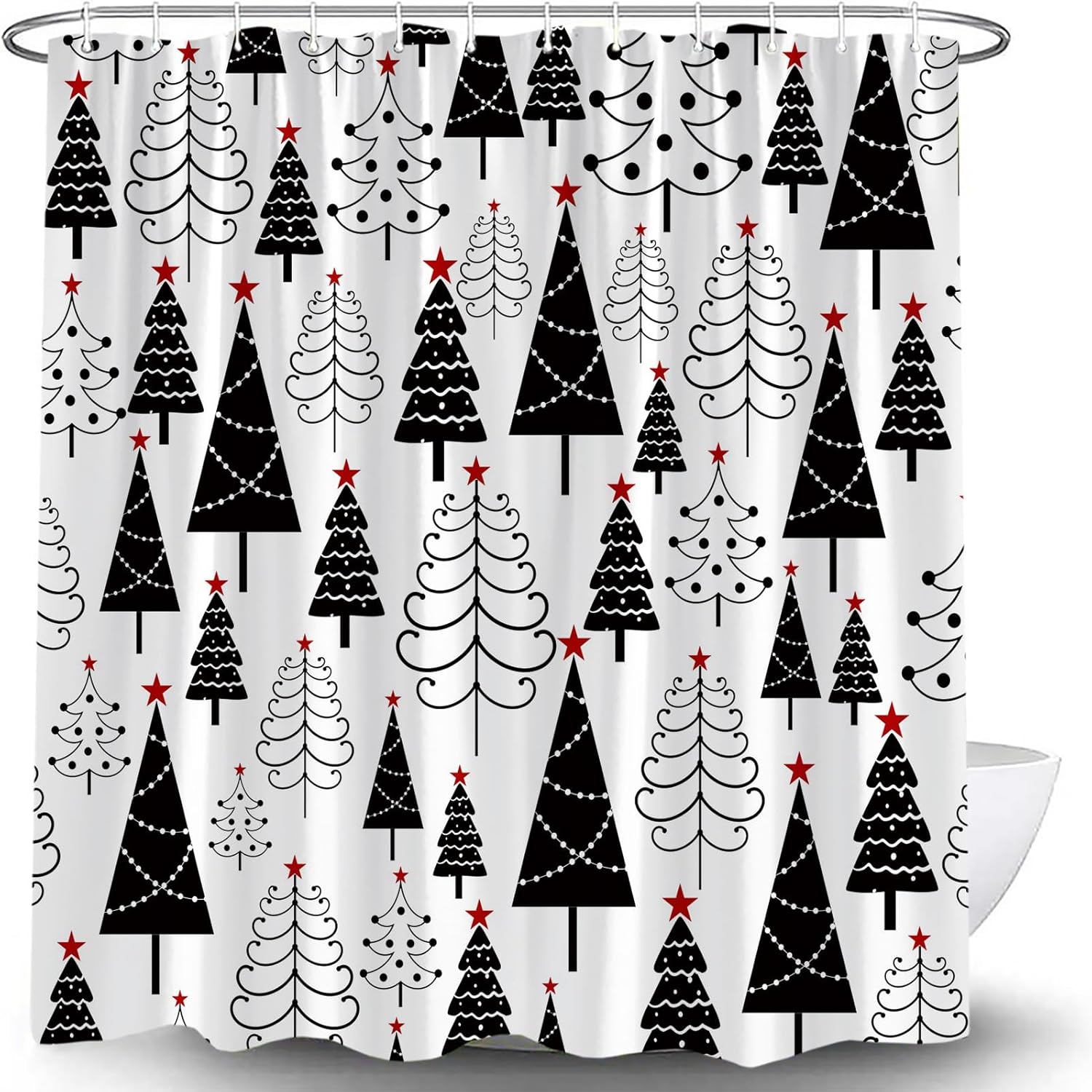 Christmas Shower Curtain Black and White Xmas Tree Stars Winter Pine New Year Holiday Bath Decor Curtain with Hooks, 70x78 Inch