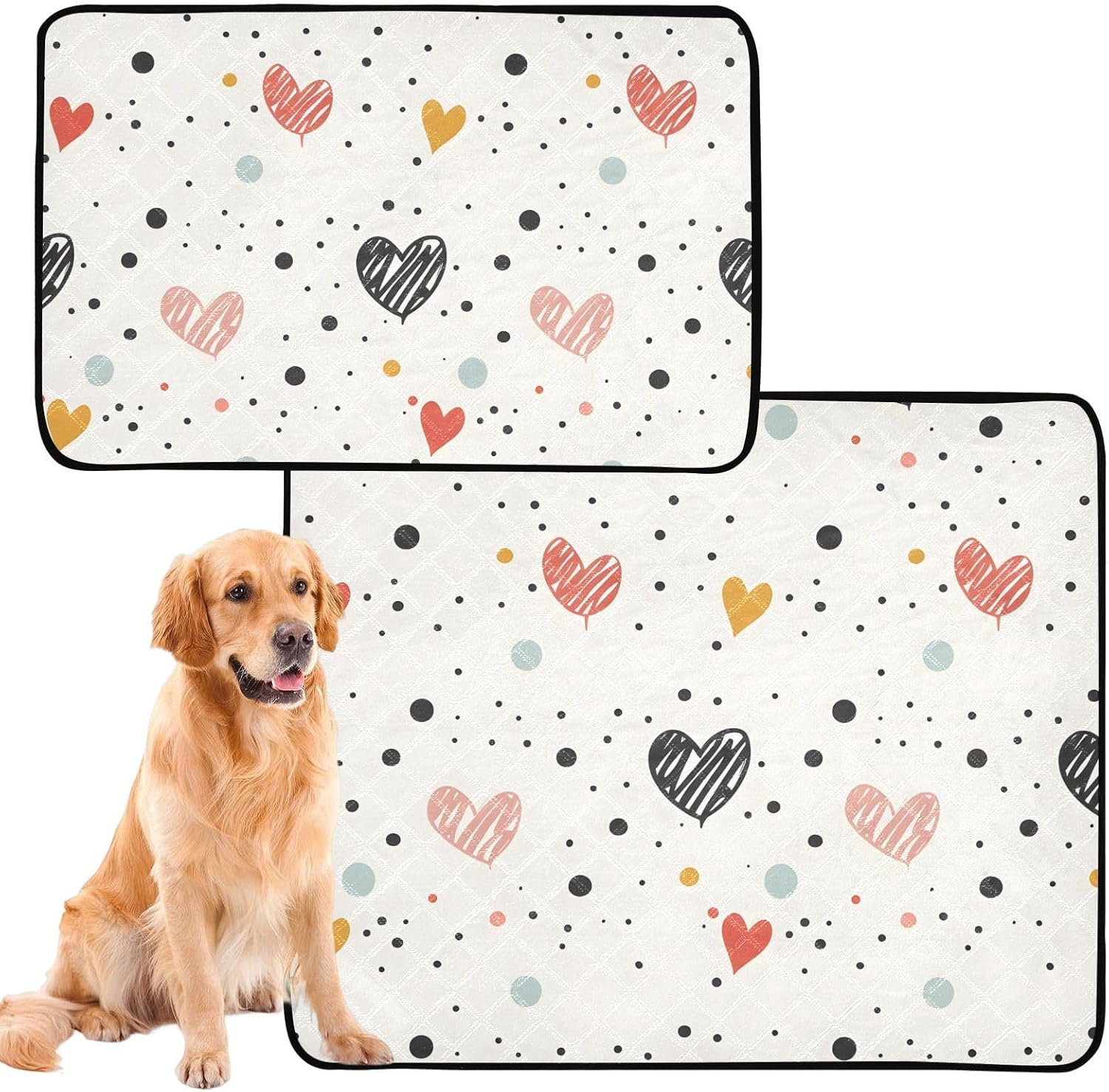 Heart Polka Dots Pet Mat Reusable Feeding Mats for Food and Water Non-Slip Pee Pads for Dogs Cats 2 Packs