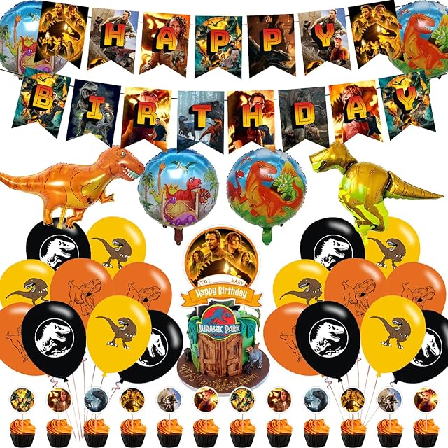 Jurassic Park Theme Party Decorations,Dinosaurs Birthday Party Supplies Includes Banner - Cake Topper - 12 Cupcake Toppers - 18 Balloons-4 Foils Ballons