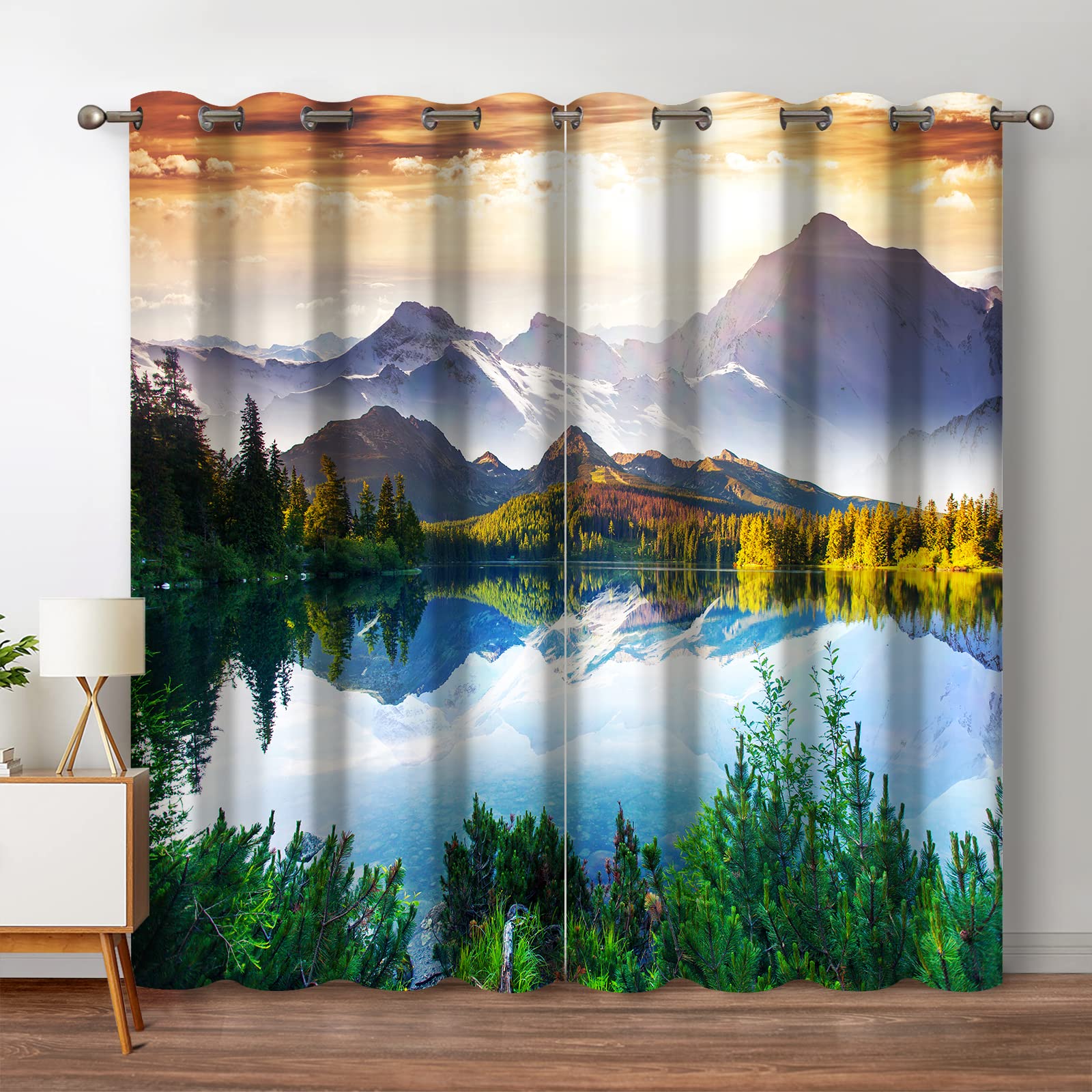 Jekeno Mountain Forest Blackout Curtains Tree Lake in Sunny Sky Nature Scenery Decor for Bedroom Living Room Grommet Window Drapes 2 Panel Set, 52"x84
