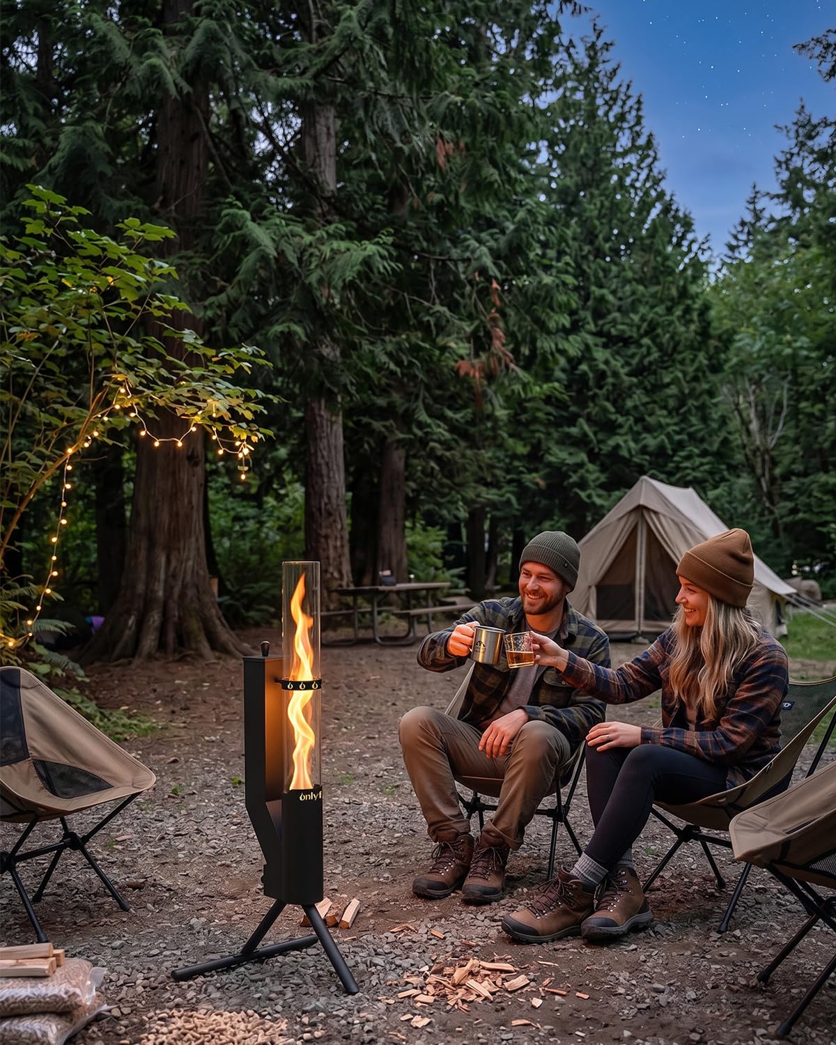 Onlyfire Estufa de Exterior de Pellets, Antorcha con Llama en Espiral de 360°, Chimenea de Jardín con Cilindro de Cristal de 65cm, Brasero de Exterior para Terraza y Camping, Altura Total 110cm