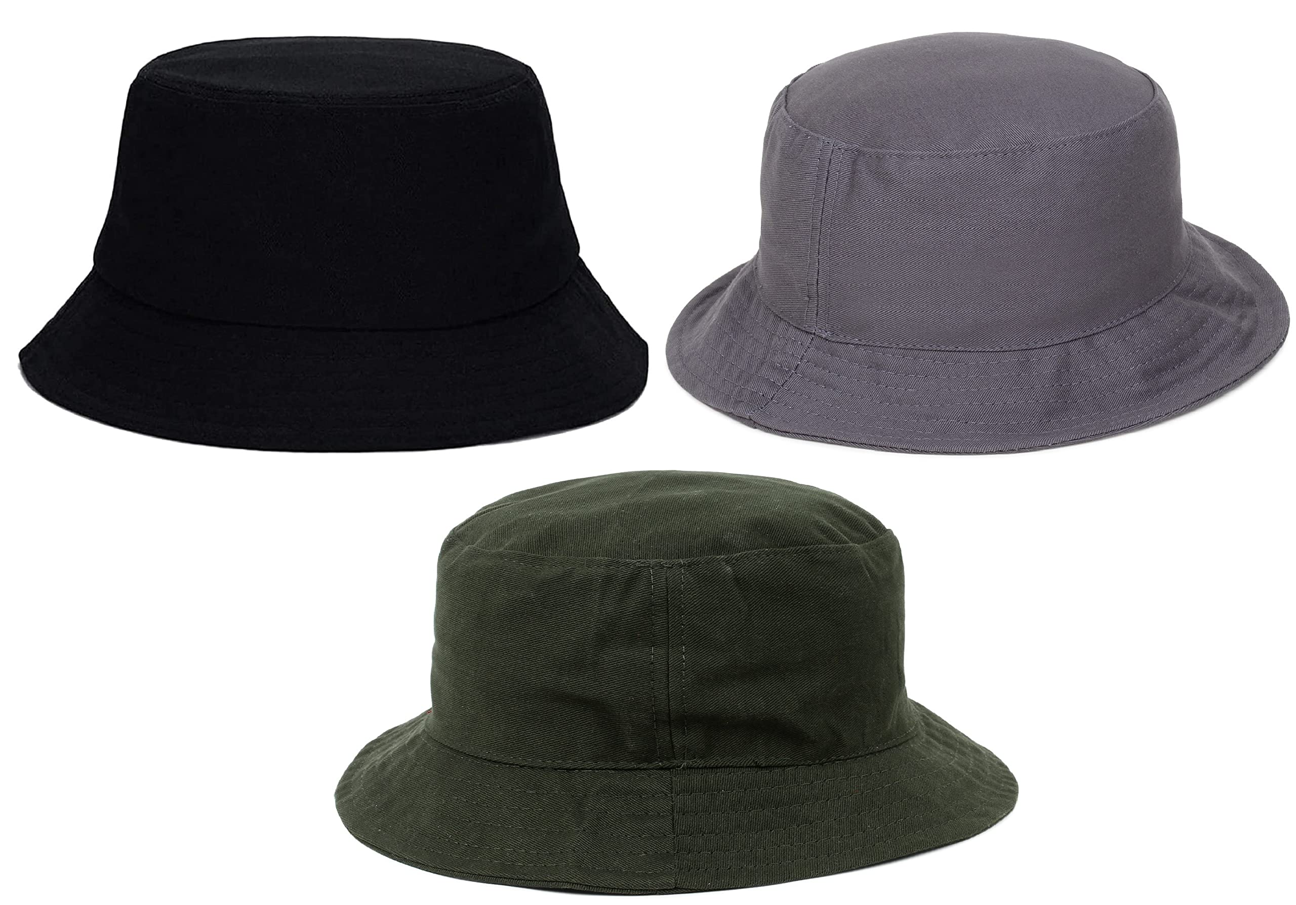 ZachariasUnisex Bucket Fishermen Beach Cap Hat (Pack of 3) (X-01_Black_Dark-Grey & Green_Free Size)
