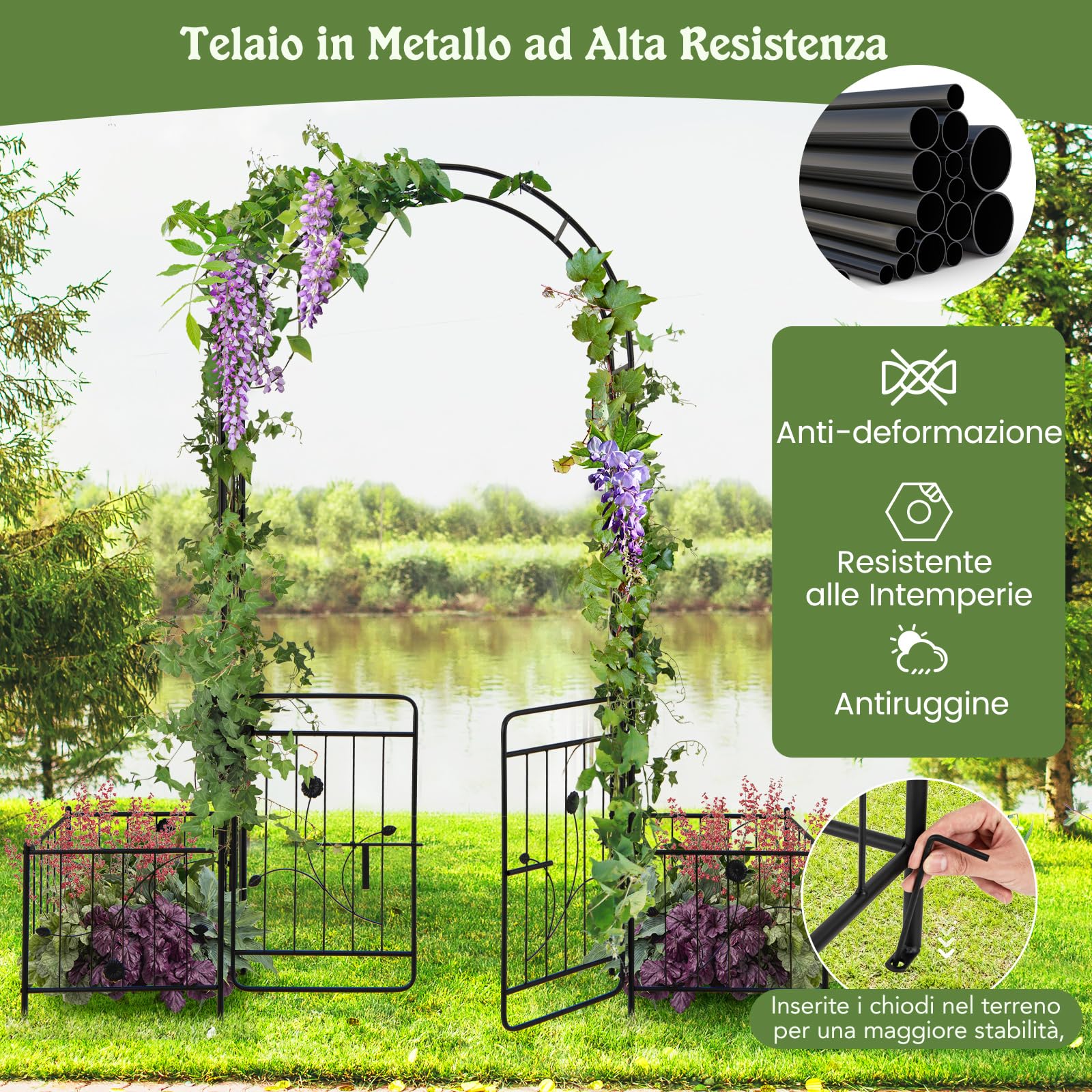 COSTWAY Arco da Giardino, Pergolato in Metallo con Cancello Bloccabile e Fioriere Laterali, Arco per Piante Rampicanti e Viti da Uva, Decorazione per Cerimonia Matrimoniali