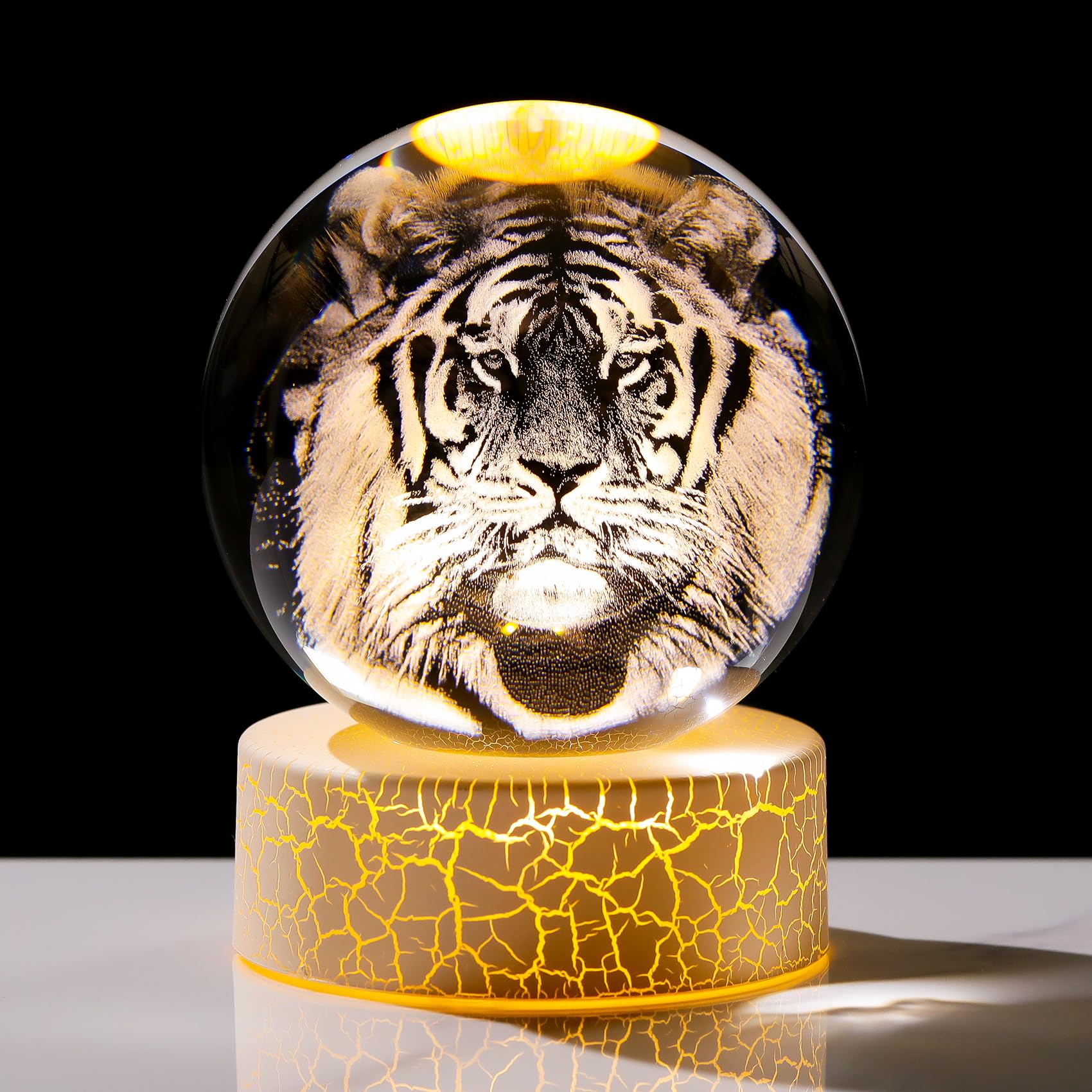 Arikyrist 3.15"/ 8cm K9 Crystal Ball Engraved 3D Tiger Collectible Sphere with LED Lamp Stand