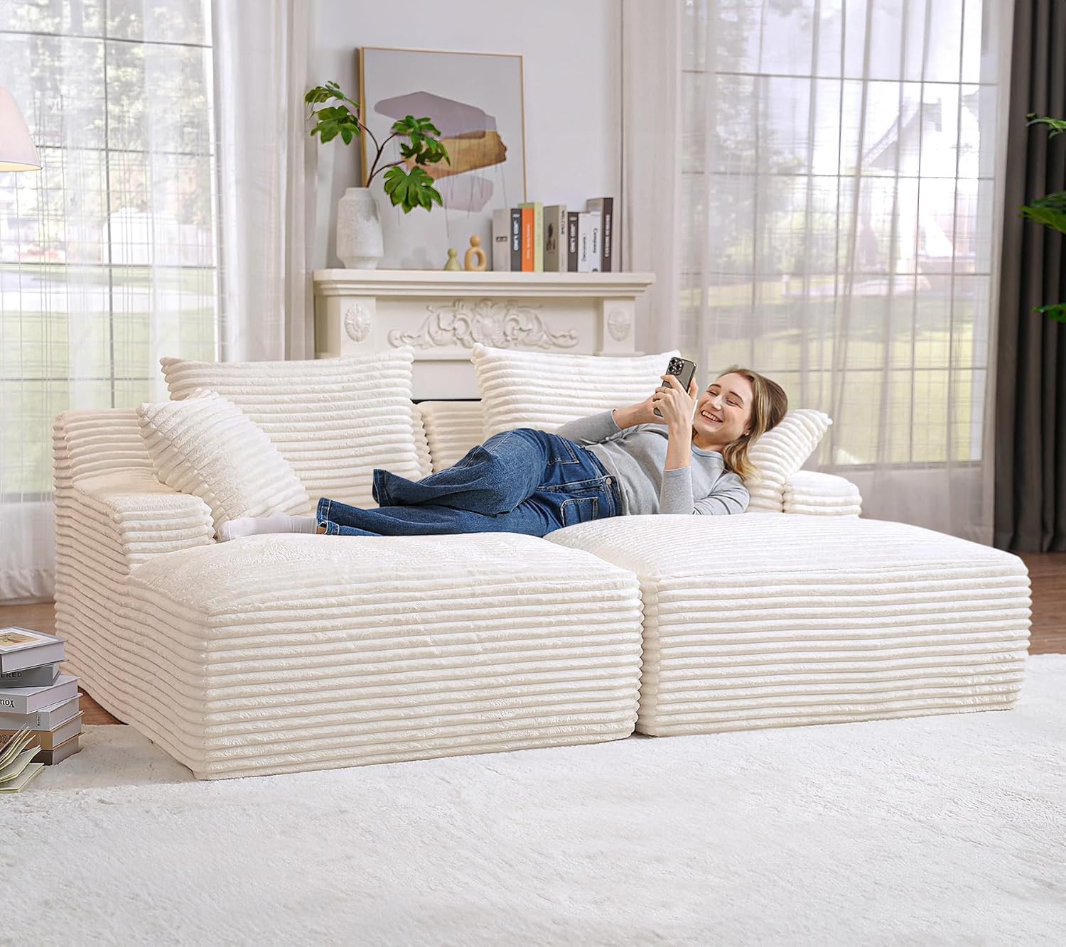 Oversized Chaise Lounge Chair Indoor, Modern 78-inch Upholstered Corduroy Love Seat Sofa Bed with 4 Throw Pillows and Armrests, Double Modular Sleeper Sofa Couch for Living Room Bedroom, Beige