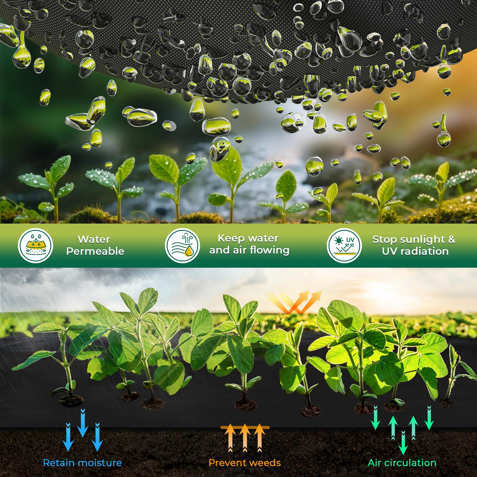OUNUO Telo Pacciamatura 2m x10m, 100g/m² Tessuto Non Tessuto Anti Erbacce, con 50 Picchetti a U, Telo Anti Erbacce per Orto, Giardino, Tessuto Permeabile all'Acqu, Stabilizzazione UV, Nero