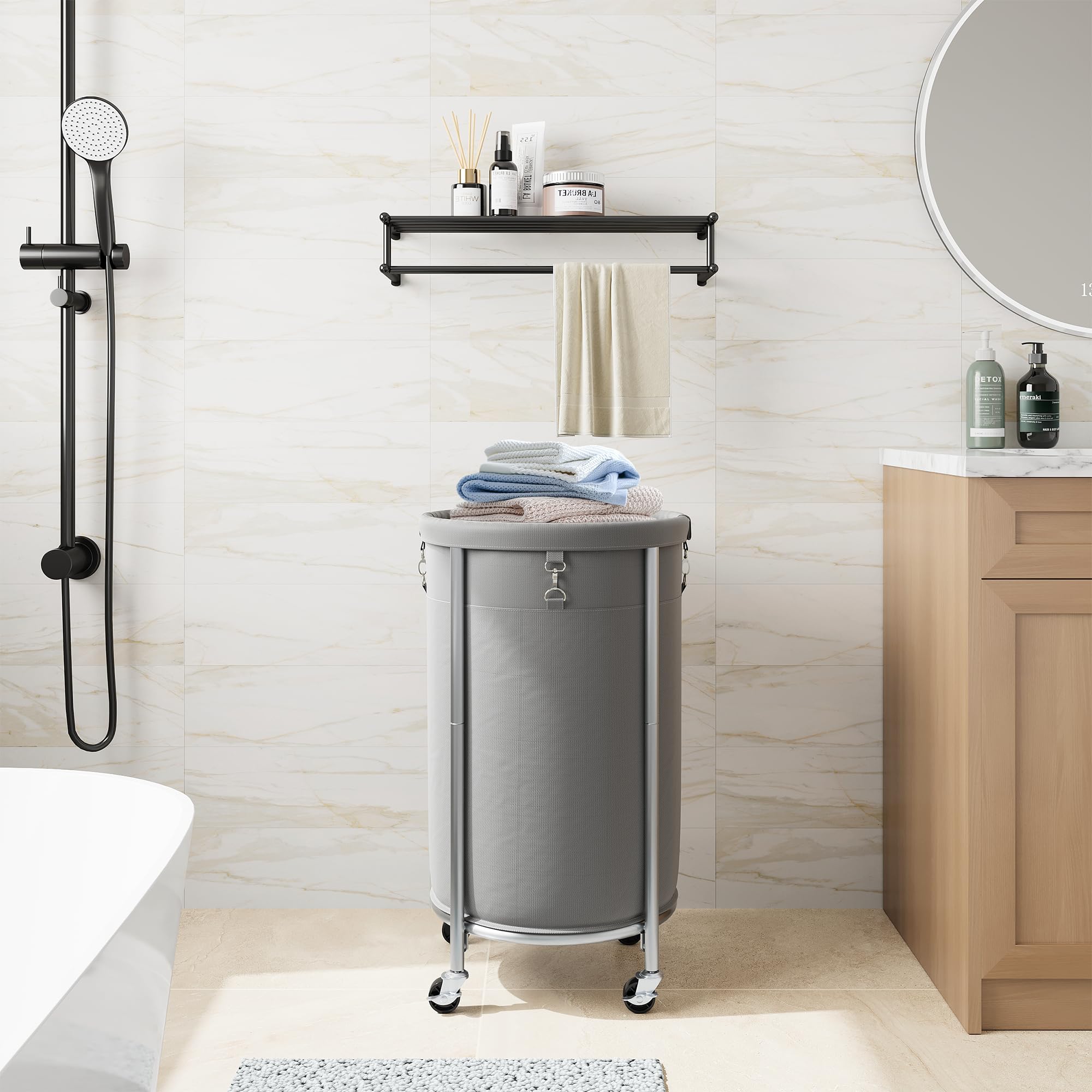 ELYKEN Cesto portabiancheria con ruote, 110 l, cesto portabiancheria rotondo con telaio in acciaio e borsa rimovibile, 4 ruote e 2 freni, cesto per vestiti sporchi per hotel, casa, ETHLC05G1