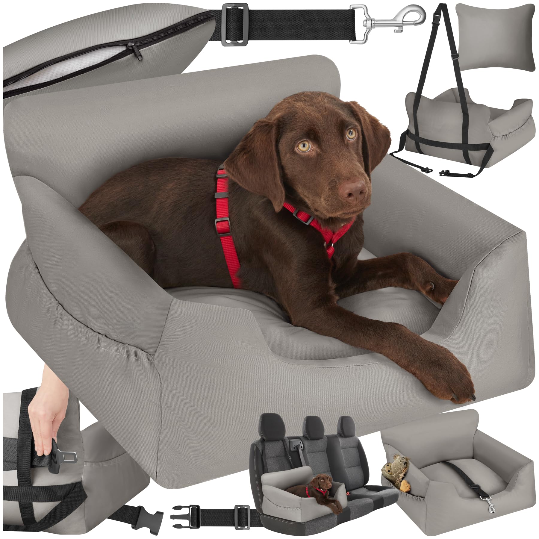 tectake Car Seat for Small and Medium Dogs – Adjustable Strap, Washable Cushion, Protector and Transport – Grey