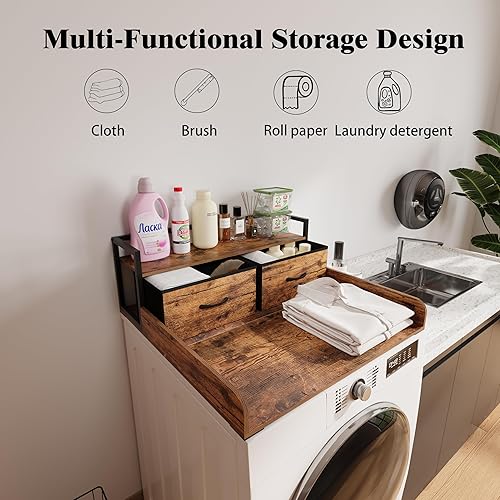 Miniatura 3 de Lavadora secadora de 2 niveles individual con estante y cajón de fábrica, decoración de lavandería con borde y almohadilla antideslizante para