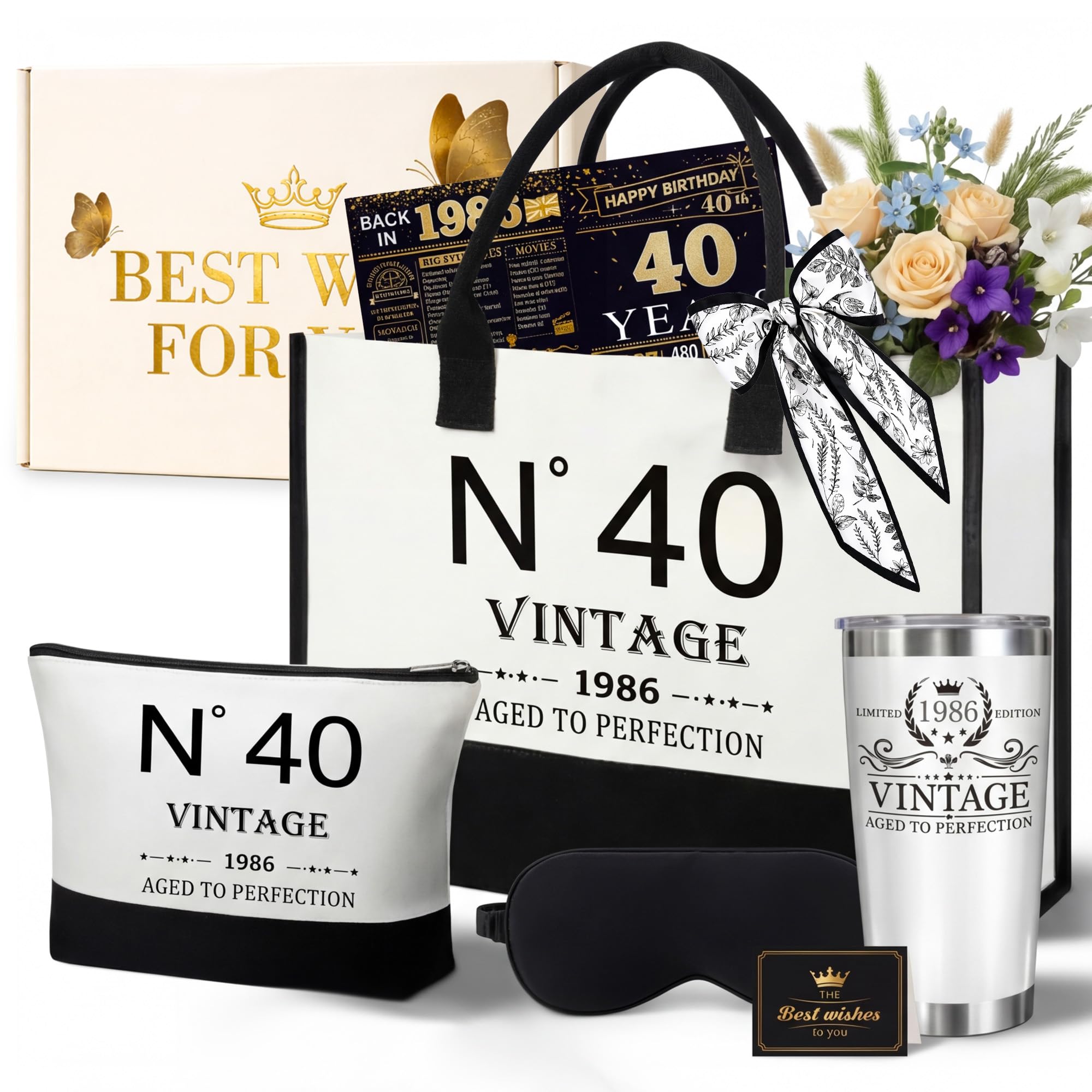 1986 40th Birthday Gifts for Women: 40th Birthday Gifts Set with Tote Bag Cosmetic Bag 20oz Tumbler Greeting Card Poster Eye Mask Silk Scarf for Mum Sister Wife