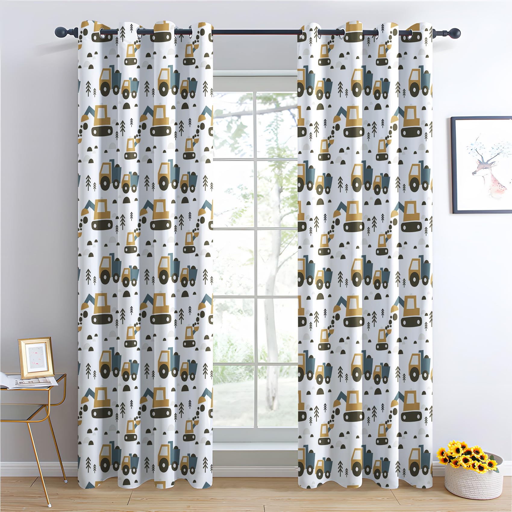 Bagger Kinder Vorhänge, Verdunklungsvorhänge mit Muster Baufahrzeuge Cartoon, Vorhang Blickdicht mit Ösen, Gardinen für Wohnzimmer Schlafzimmer Kinderzimmer Deko 2er Set - 220x140 (H X B) (GN-&238)