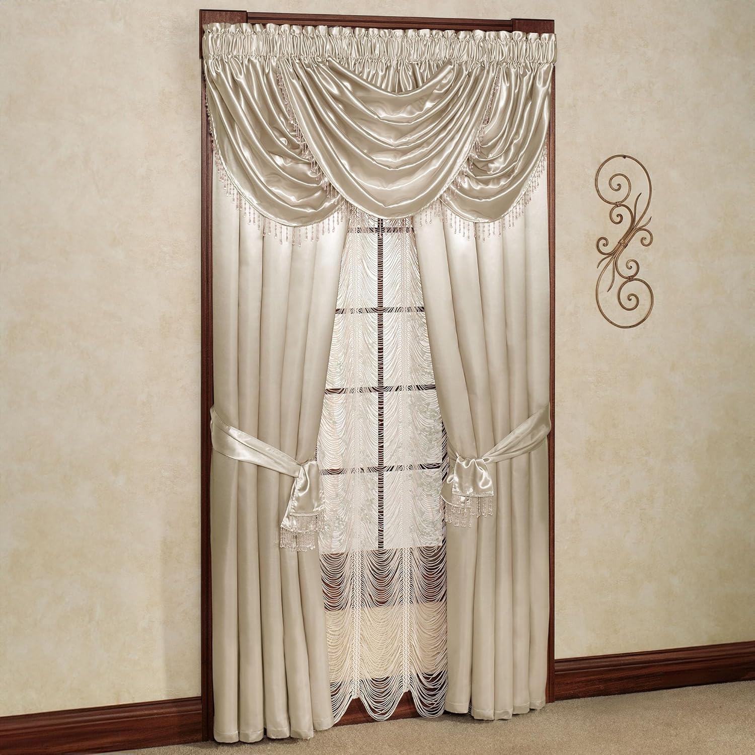 Touch of Class Portia Luxury Window Treatment | Soft Pearl | Premier Smooth Polyester Satin 4 Piece Window Drapery Set with 3 Waterfall Valances and 96 Inch Long Curtain Pair | Elegant Home Decor