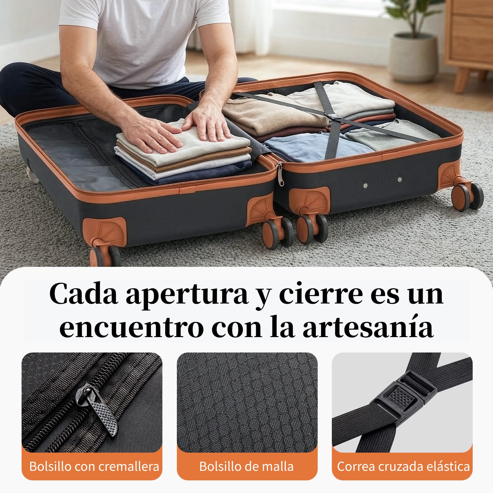LEADZM Juego de Maletas de 4 Piezas con Neceser (Negro-Marrón) | Maletas de Viaje Grandes 23 Kilos, Maleta Cabina, Mediana, Maleta de Viaje