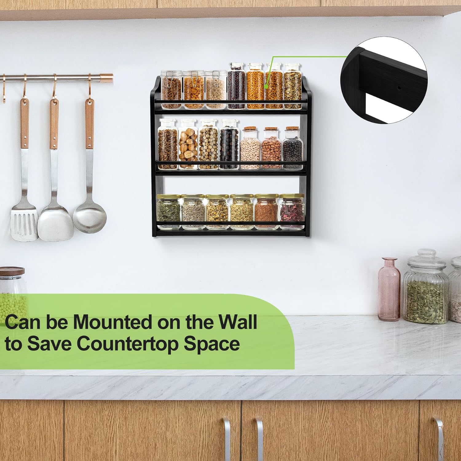 3 Tier Bamboo Spice Rack,Seasoning Jars Rack Shelf Spice Organizer for Kitchen Counter or Wall Mounting (Black)
