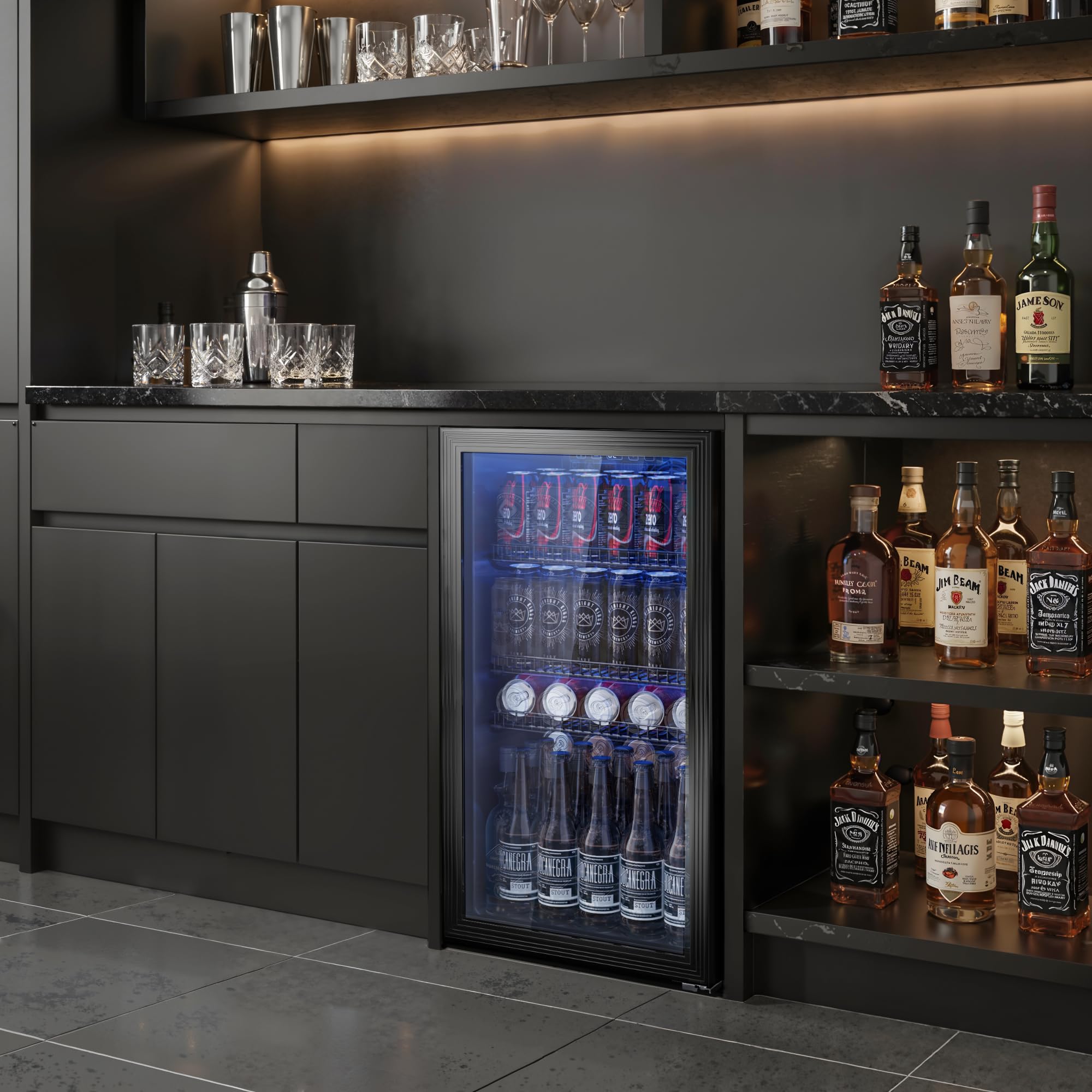 Airfish Getränkekühlschrank 90L Glasfront Mini-Kühlschrank verstellbare Regale 128 Dosen Bier Wein
