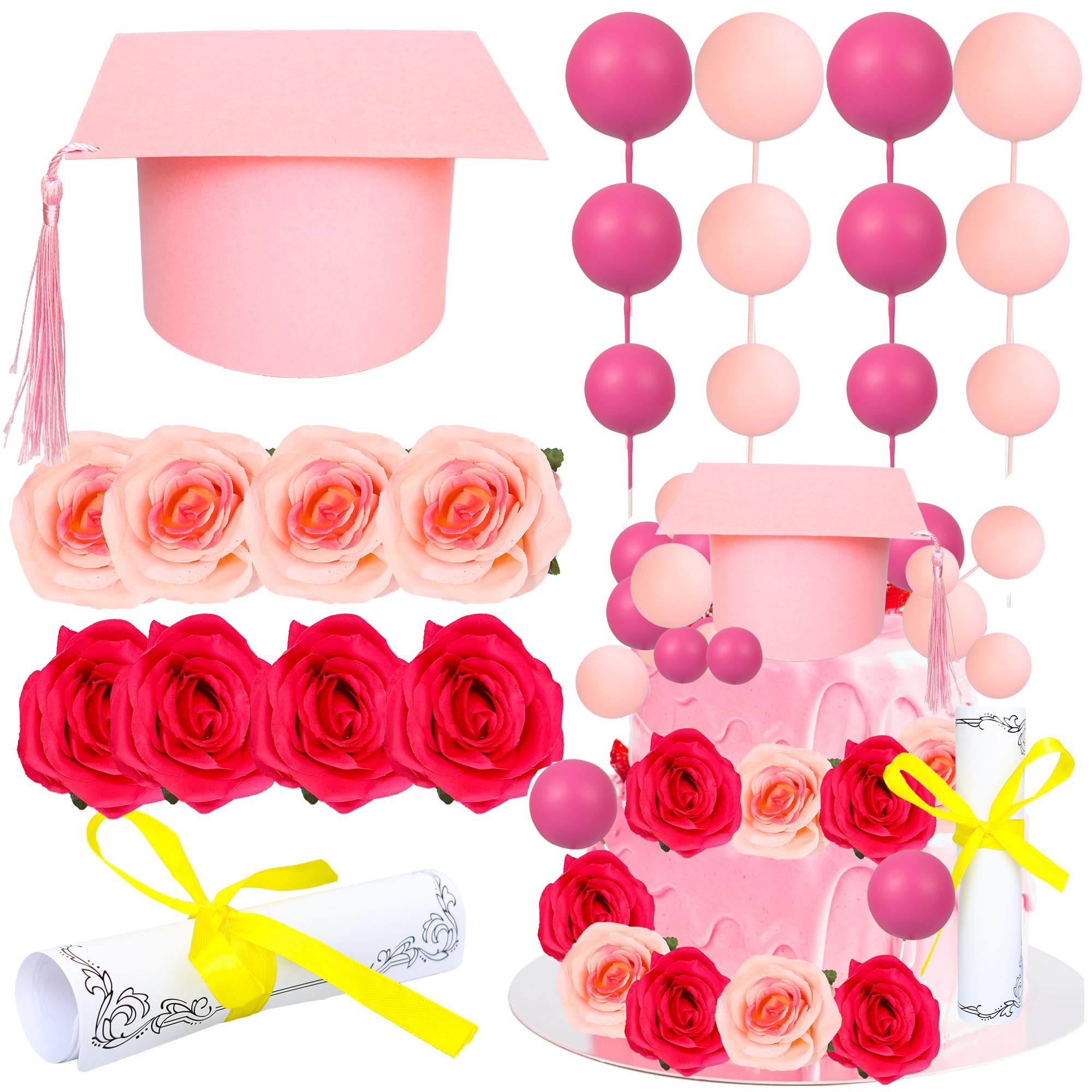 Ephlyn 40 Pack 2026 Graduation Cake Toppers Class of 2026 Cap Diploma Balls Flowers Congrats Grad Cake Decorations for 2026 High School College Senior