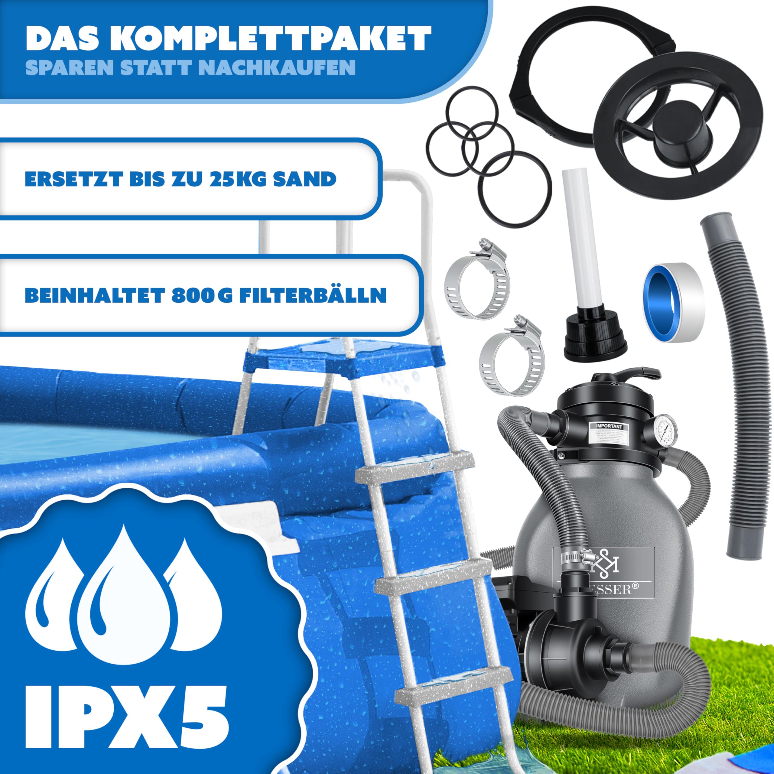 KESSER® Filtre à sable | Filtration à sable | Balles filtrantes de 700 g, remplacent 25 kg de sable filtrant | Filtre de piscine 10 mġ/h | Système de filtration | Réservoir filtrant pour piscine, Gris