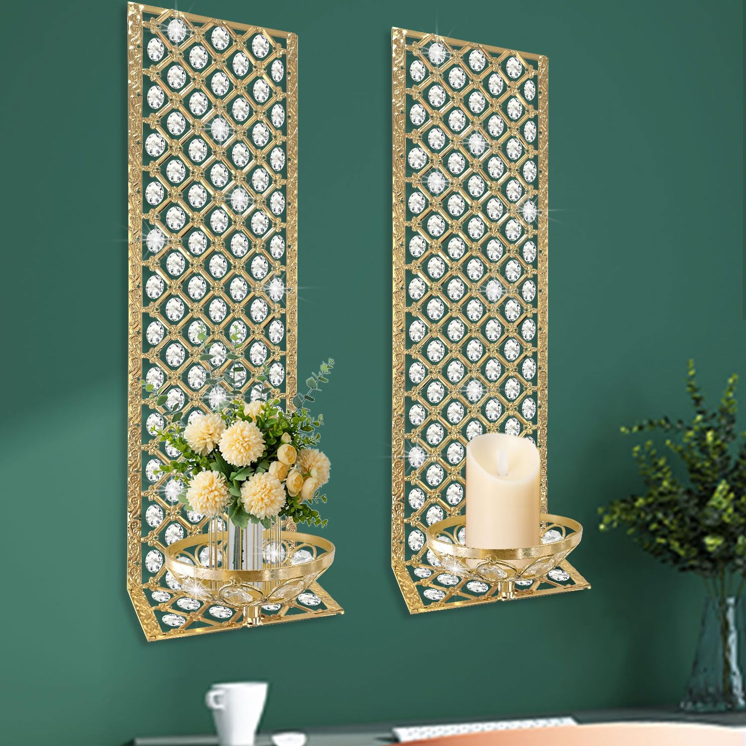 Lot De 2 Bougeoirs Muraux Argentés Avec Cristal écrasé - Décoration Glamour Pour Intérieur