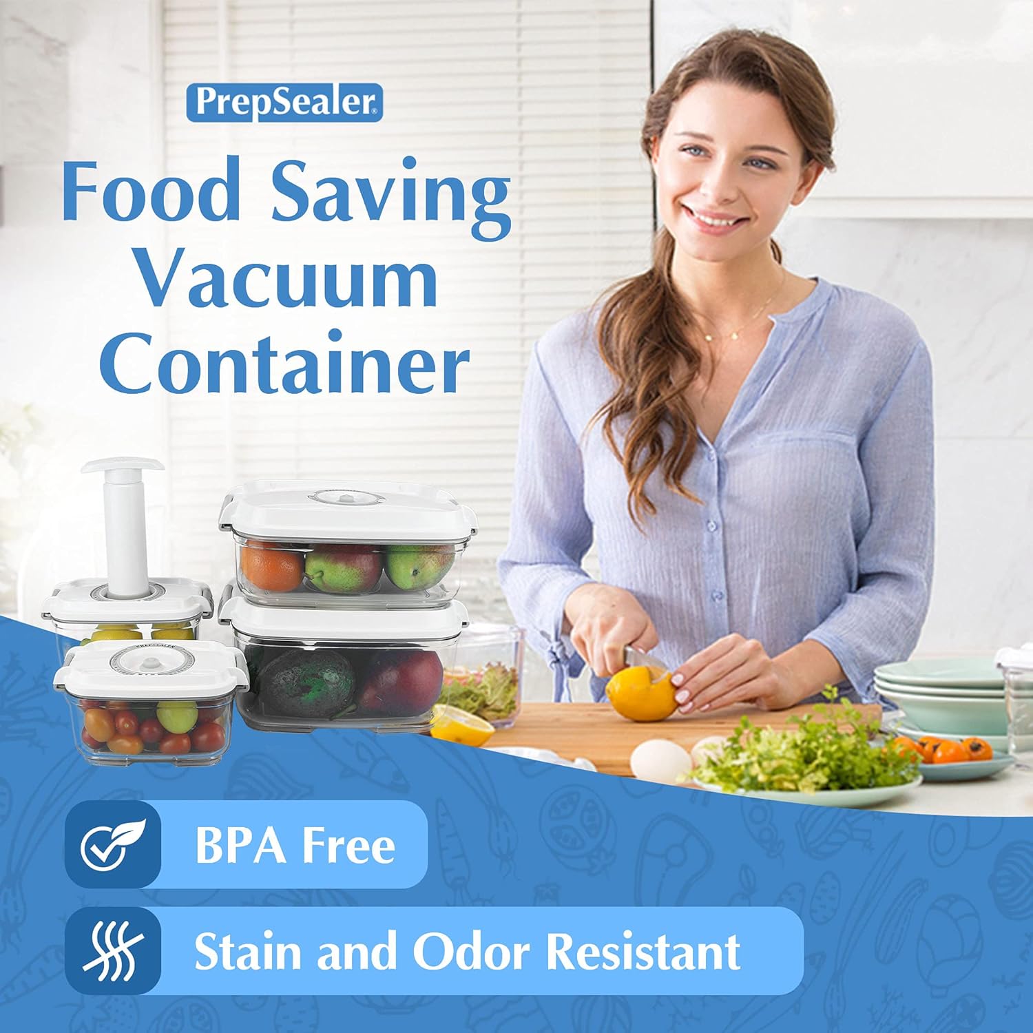 PrepSealer Food Storage Vacuum Container 4-piece Container with Maunal Pump, BPA free, Tritan, Keep food and ingredients fresh up to four times longer than conventioal storeage.