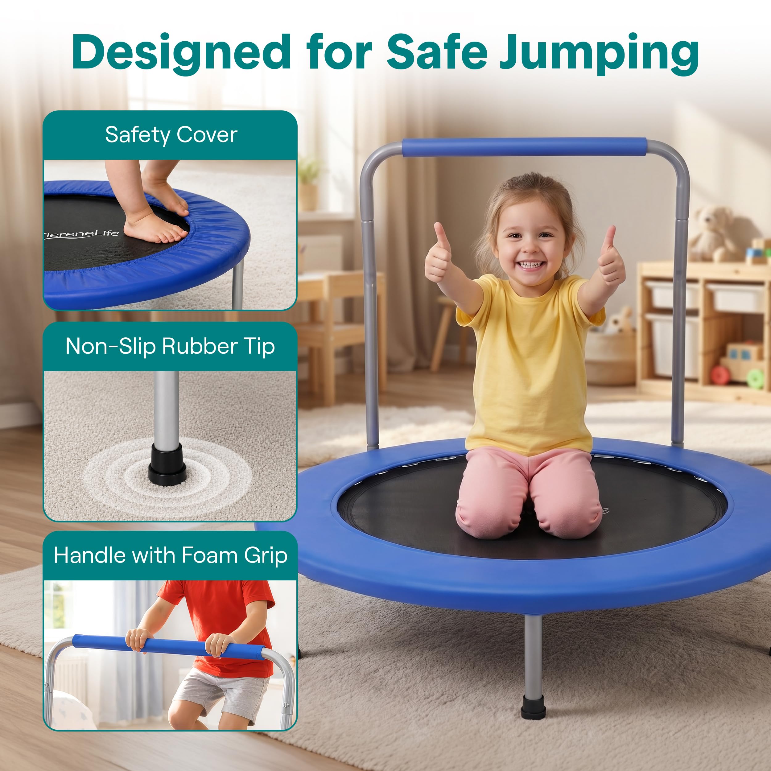 SereneLife Trampoline Pliable 91 cm – Mini Trampoline Fitness avec Rebondisseurs Silencieux, Poignée Mousse, Fitness Enfants/Adultes, Intérieur/Jardin, Charge 68 kg