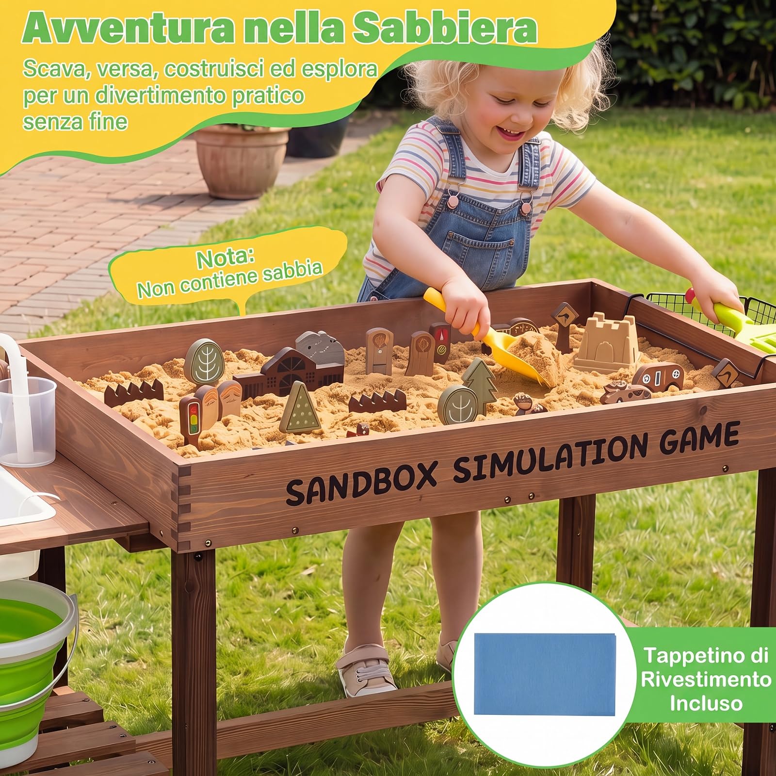 COSTWAY Sabbiera per Bambini da Esterno, in Legno con 33 Giocattoli | Tavolo Sabbiera e Acqua, Paletta e Rastrello, Tavolo Sensoriale con Pompa e Lavello Smontabile per Bambini 3+ Anni
