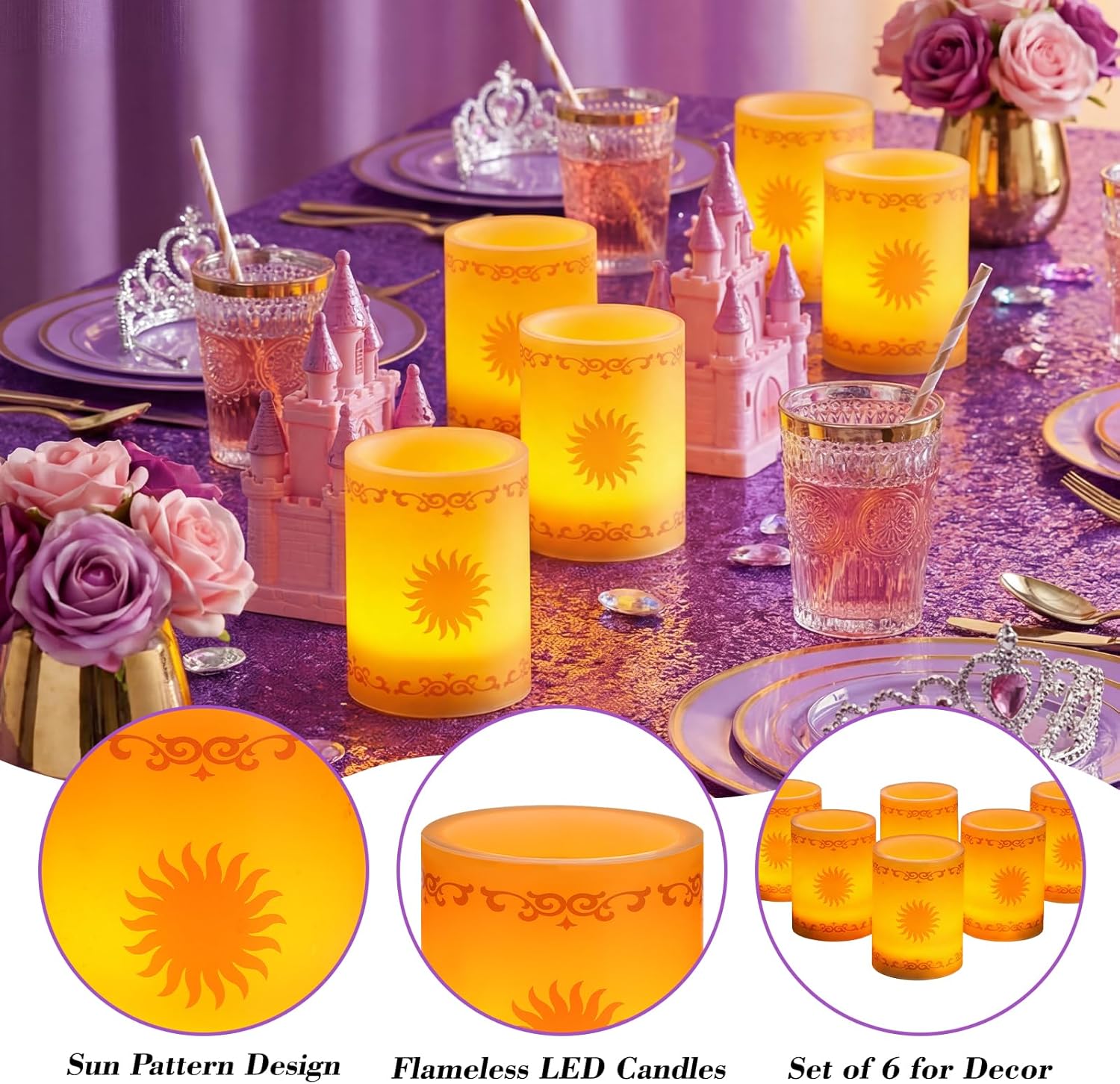 6 Pcs Princess Sun Pattern Candles Light - LED Golden Color Sun Pattern Plastic Flameless Pillar Candle Night Light Decor for Purple Princess Birthday Party Wedding, Battery Not Included
