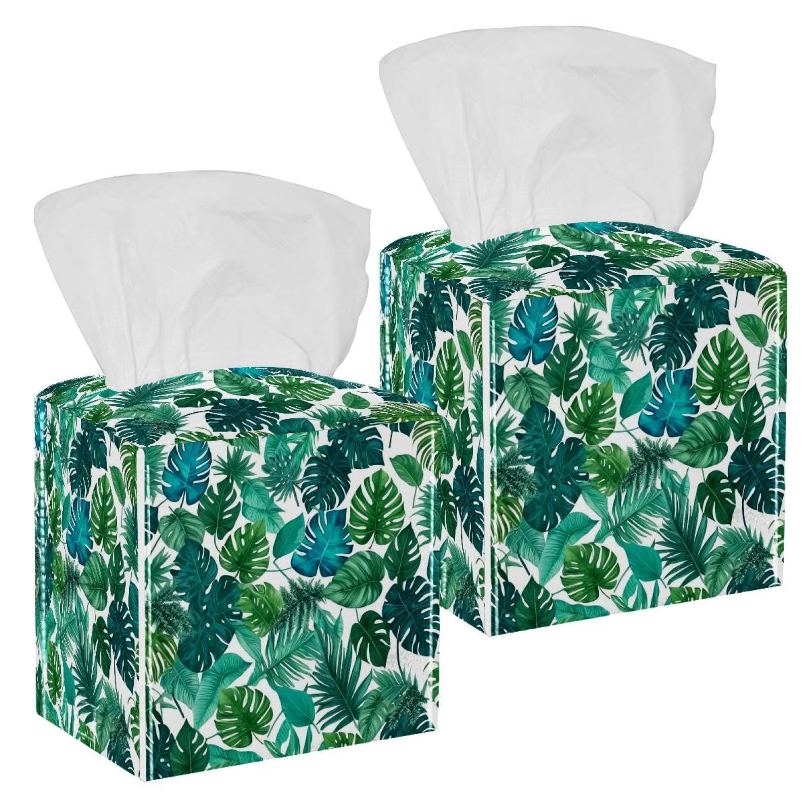 Artistic Leaves Tissue Box Cover, 2 Pack PU Leather Square Facial Tissue Dispenser Box holder for Home Office Car