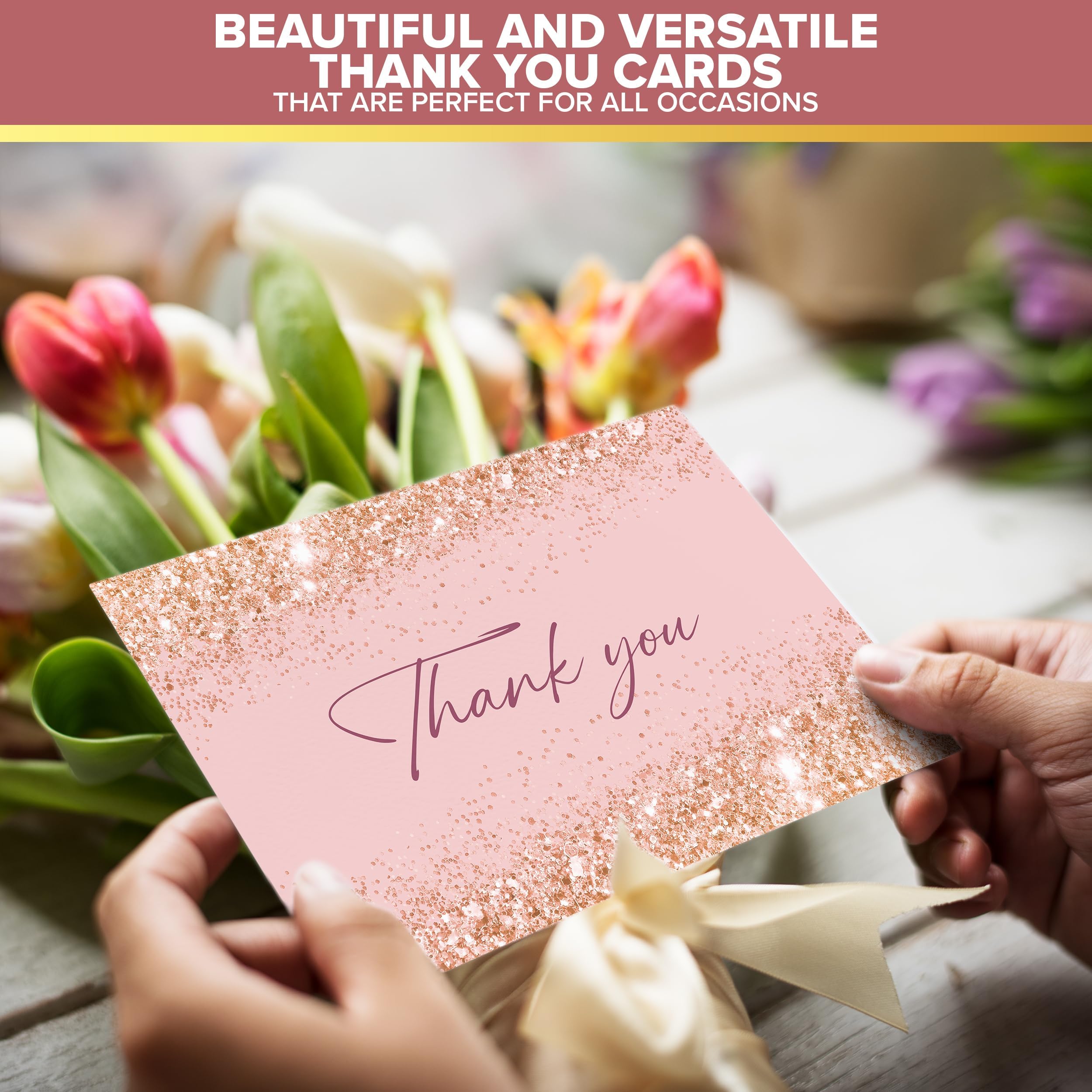 Decorably – Confezione Da 24 Biglietti Di Ringraziamento Viola Con Foglia Oro, Buste E Adesivi Abbinati, 6 Design, 15,2x10,2 Cm, Per Matrimoni E Baby Shower
