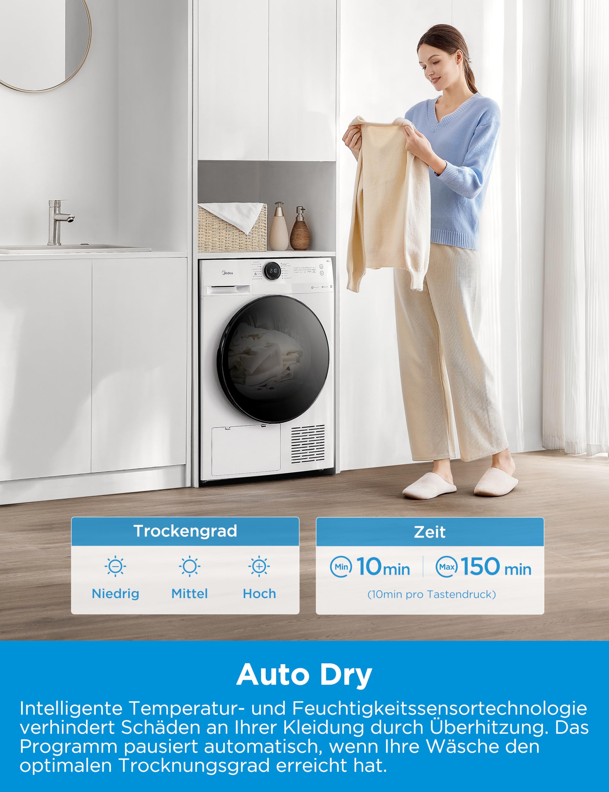 Midea MD20EH80WB-A3 Wärmepumpentrockner 8 kg Energieklasse C UV Hygience Knitterschutz Auto Dry Weiß