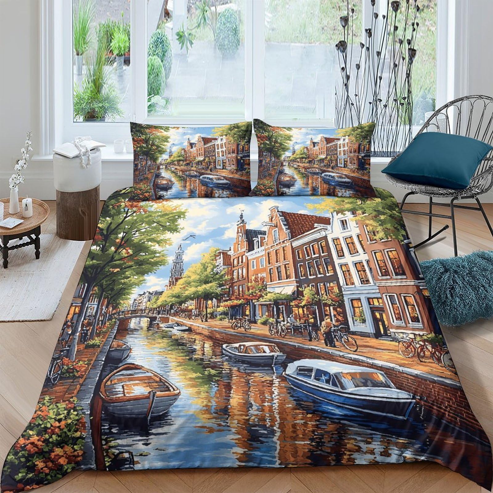 Ctjqhvkz Style-9 3D Printed Amsterdam Canal Fitted Sheet Microfiber Soft Artistic European City Mattress Cover For Bedroom Home Decor Single（135X200cm）