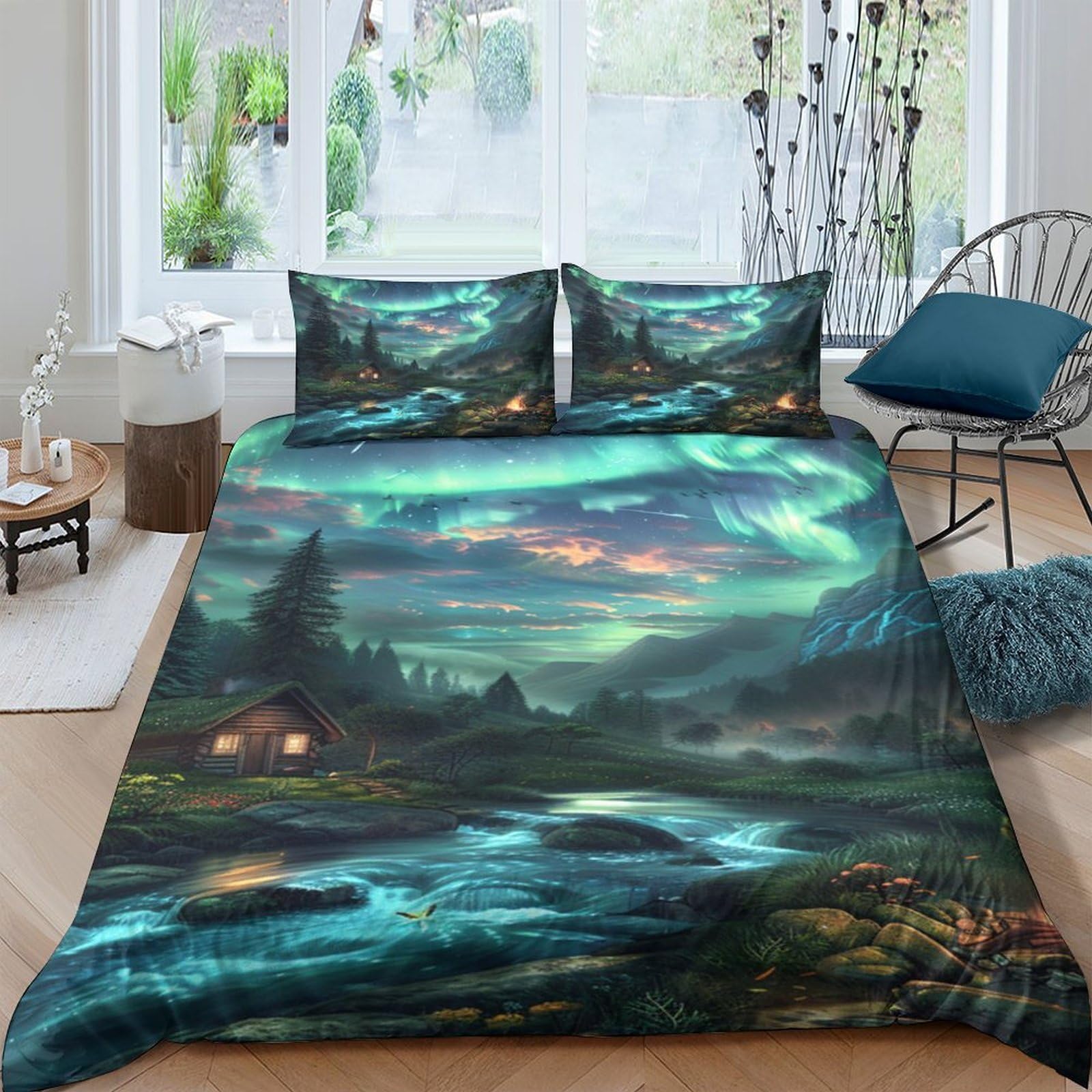 Ctjqhvkz Style-5 3D Printed Northern Lights Fitted Sheet Microfiber Forest River Bed Cover Anti-Slip Machine Washable Bedroom Dorm Decor Single（135X200cm）