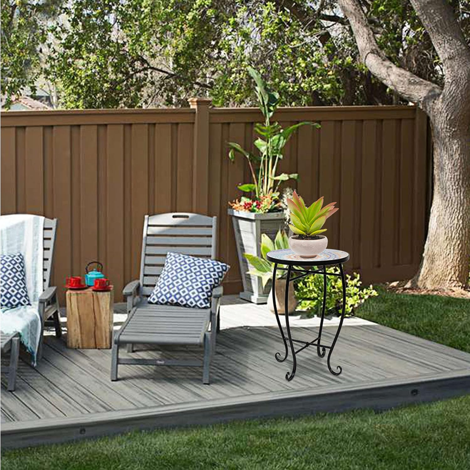 Outdoor Bistro Table, Patio Dining Table Sun Surface Flower Mosaic Black Side Table Round Side Table Glass Top (USA Warehouse) : Patio, Lawn & Garden