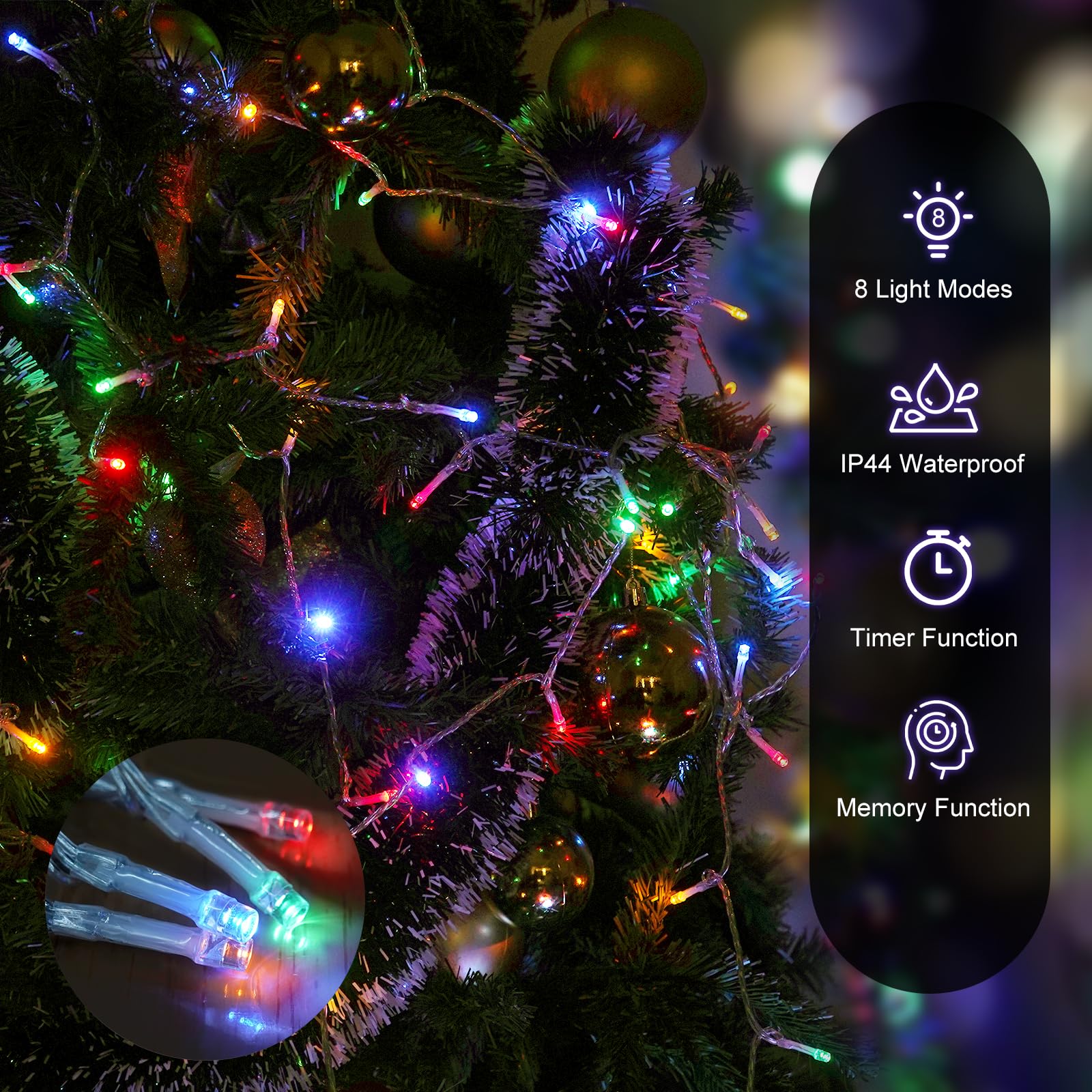Realky Luci Albero di Natale a Batteria, 21M 210LED Luci Natalizie da Esterno ed Interno, 8 Modalità con Funzione Memoria Impermeabile Luci di Natale per Giardino, Balcone, Festa, Casa - Multicolore
